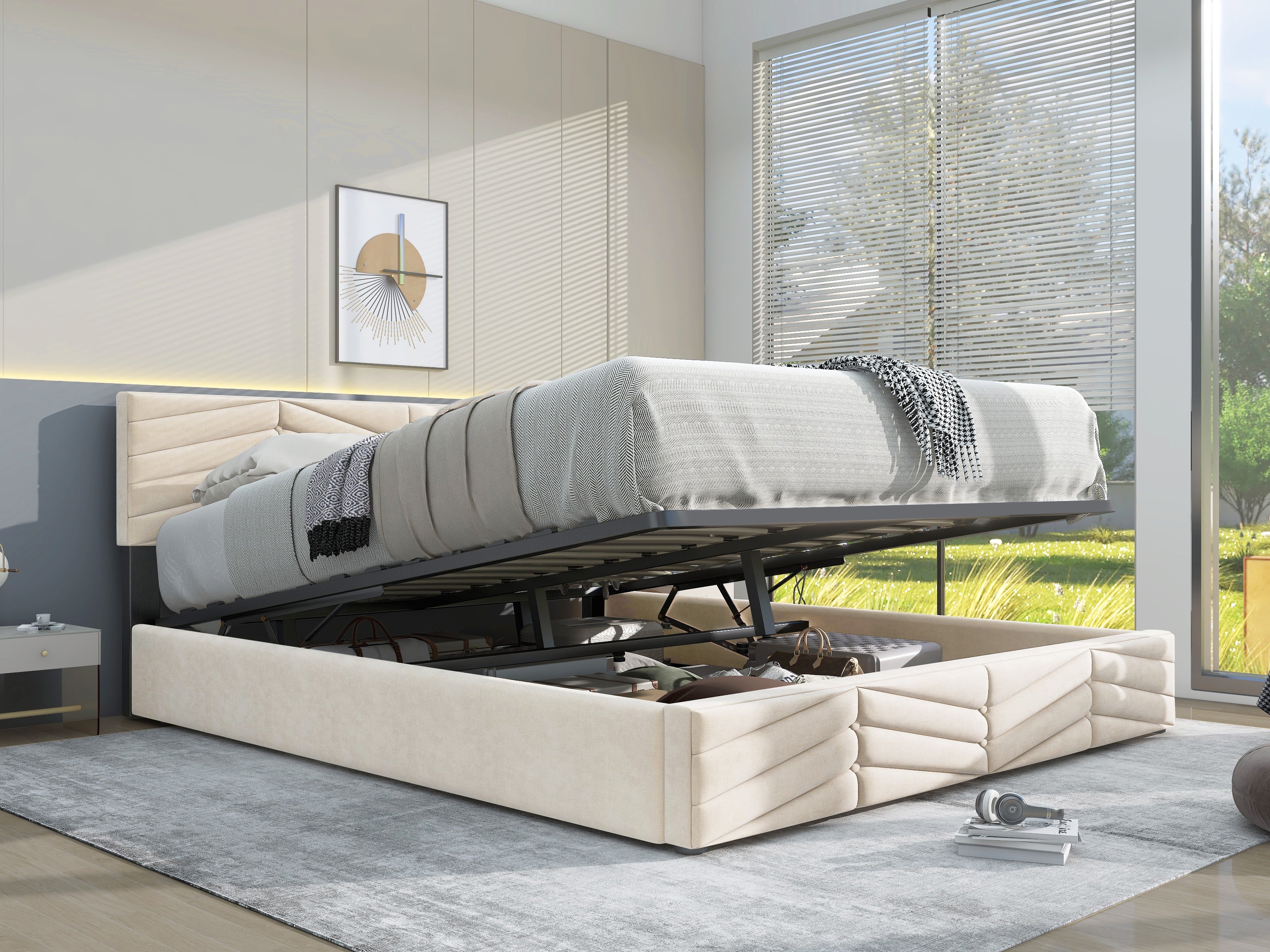 Logidon gestoffeerd bed 140x190 met in hoogte verstelbaar hoofdbord beige fluweel