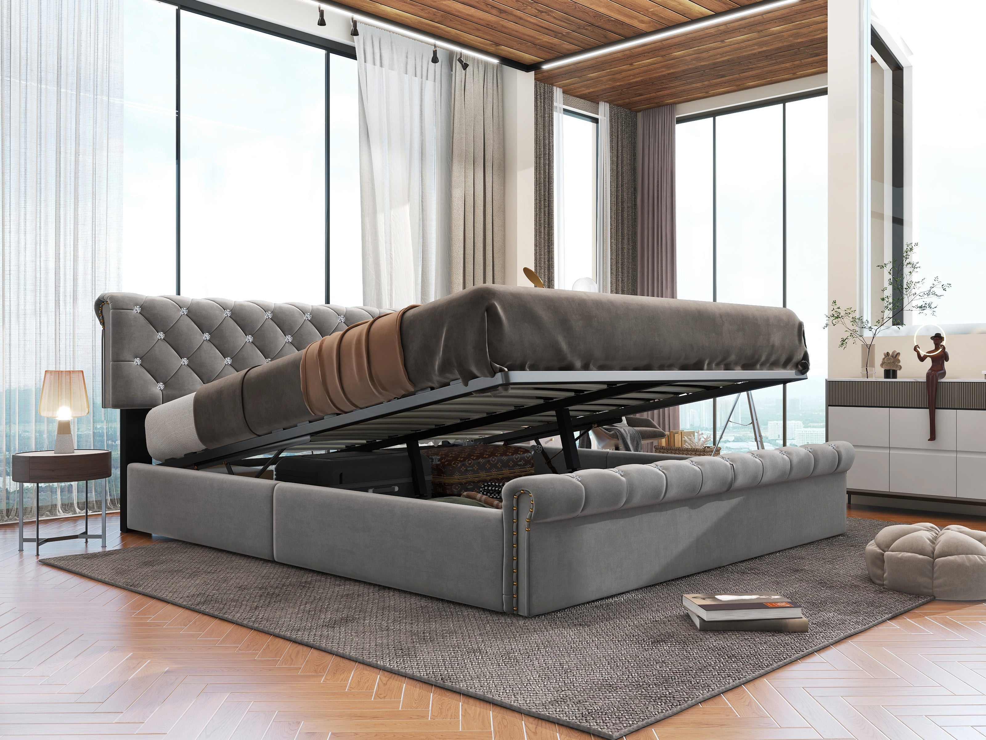Logidon upholstered bed 160x200 gray velvet with height-adjustable headboard