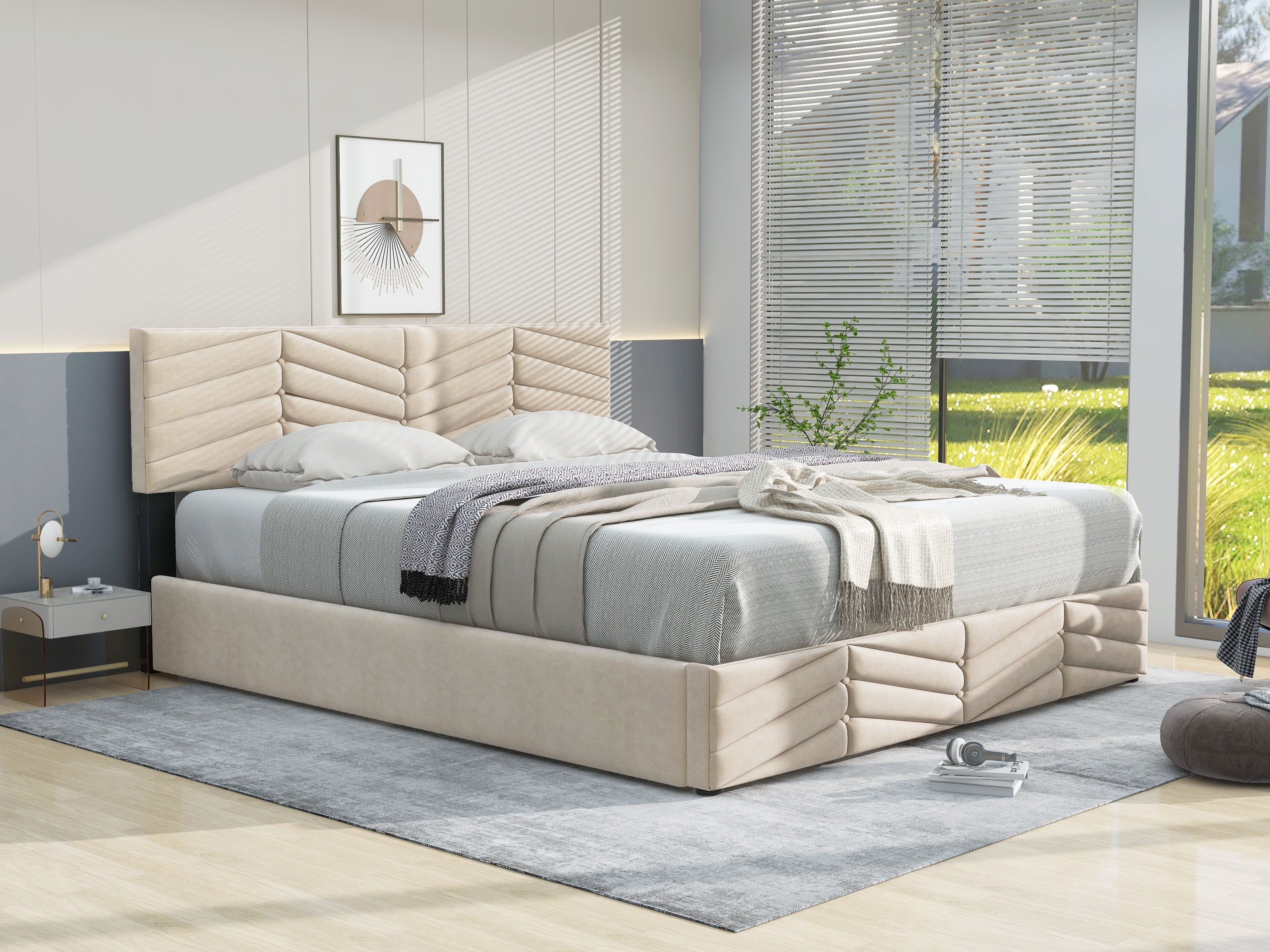 Logidon gestoffeerd bed 140x190 met in hoogte verstelbaar hoofdbord beige fluweel