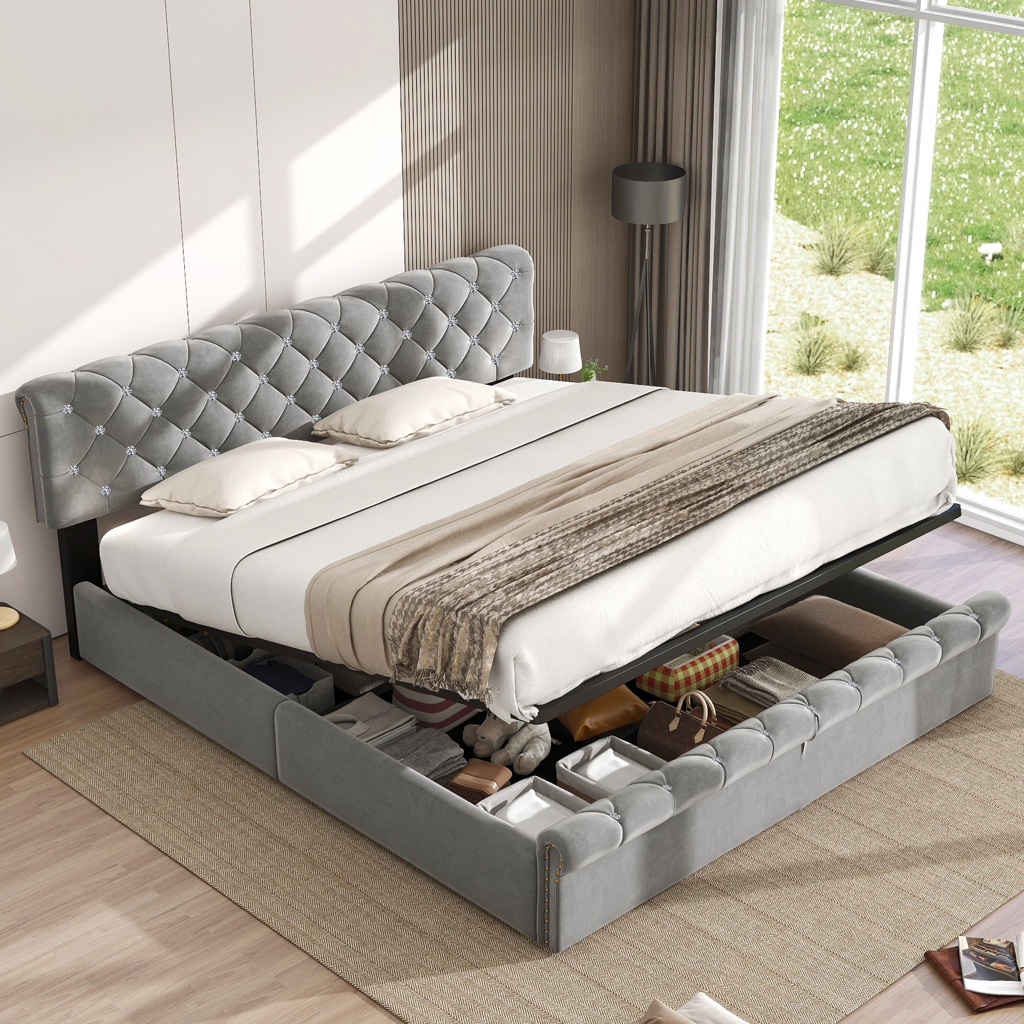 Logidon upholstered bed 160x200 gray velvet with height-adjustable headboard
