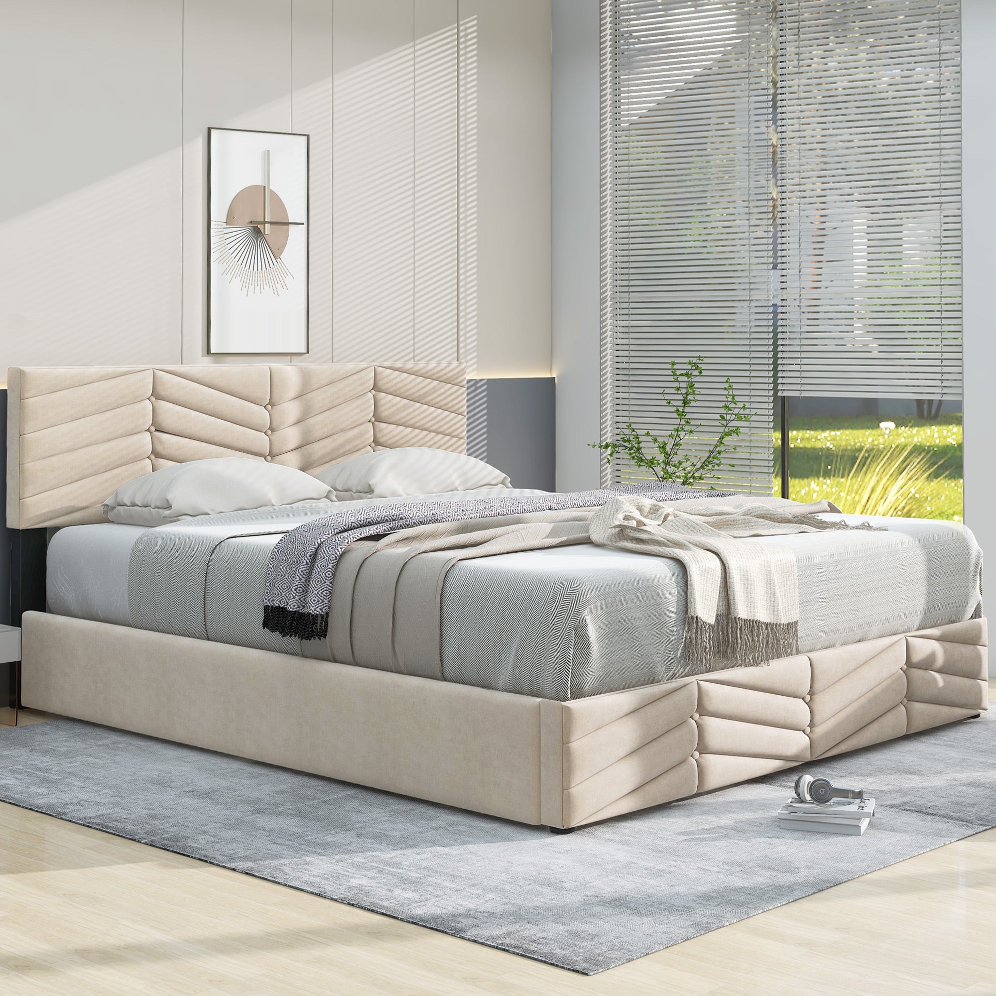 Logidon gestoffeerd bed 140x190 met in hoogte verstelbaar hoofdbord beige fluweel