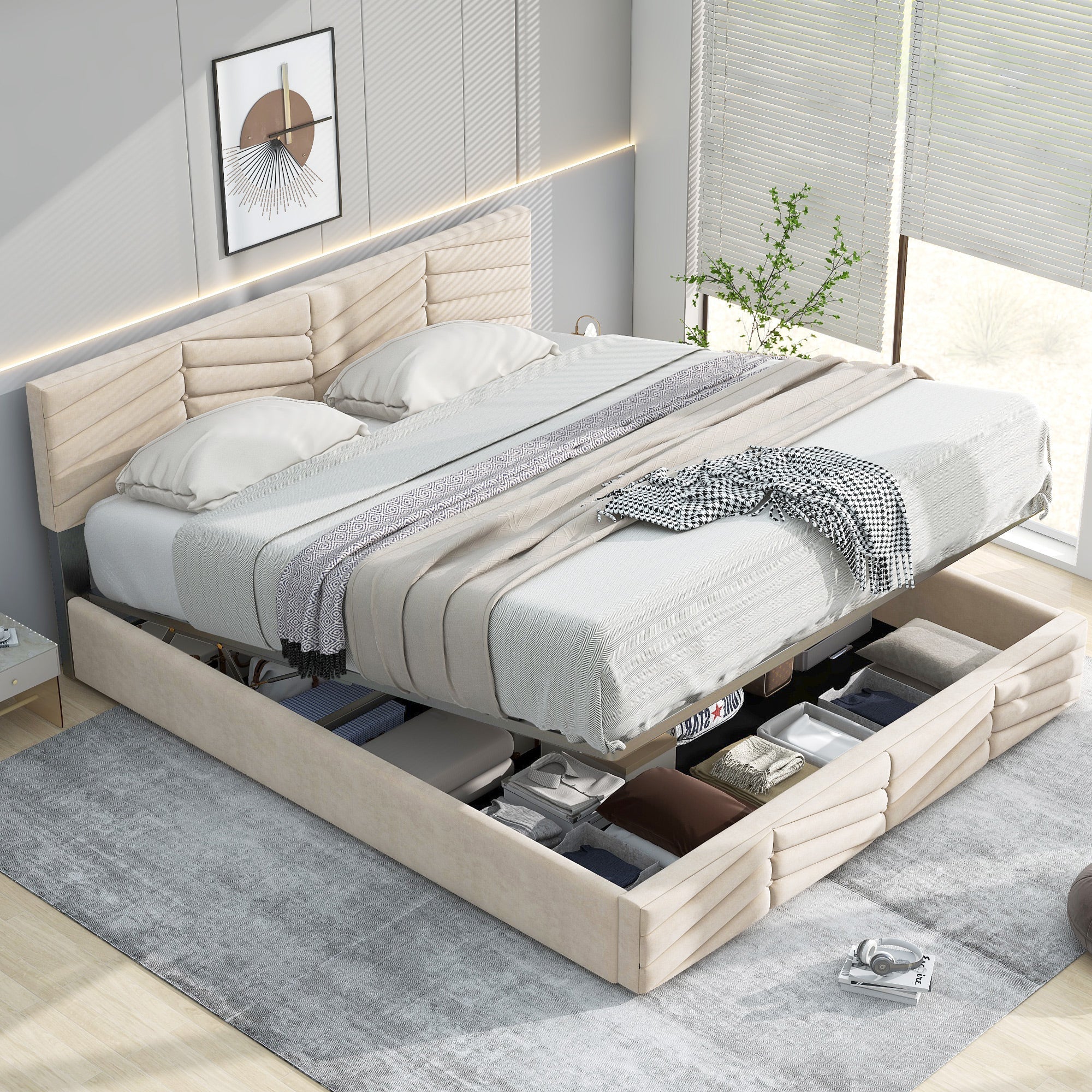 Logidon gestoffeerd bed 140x200 cm beige fluweel verstelbaar hoofdeinde