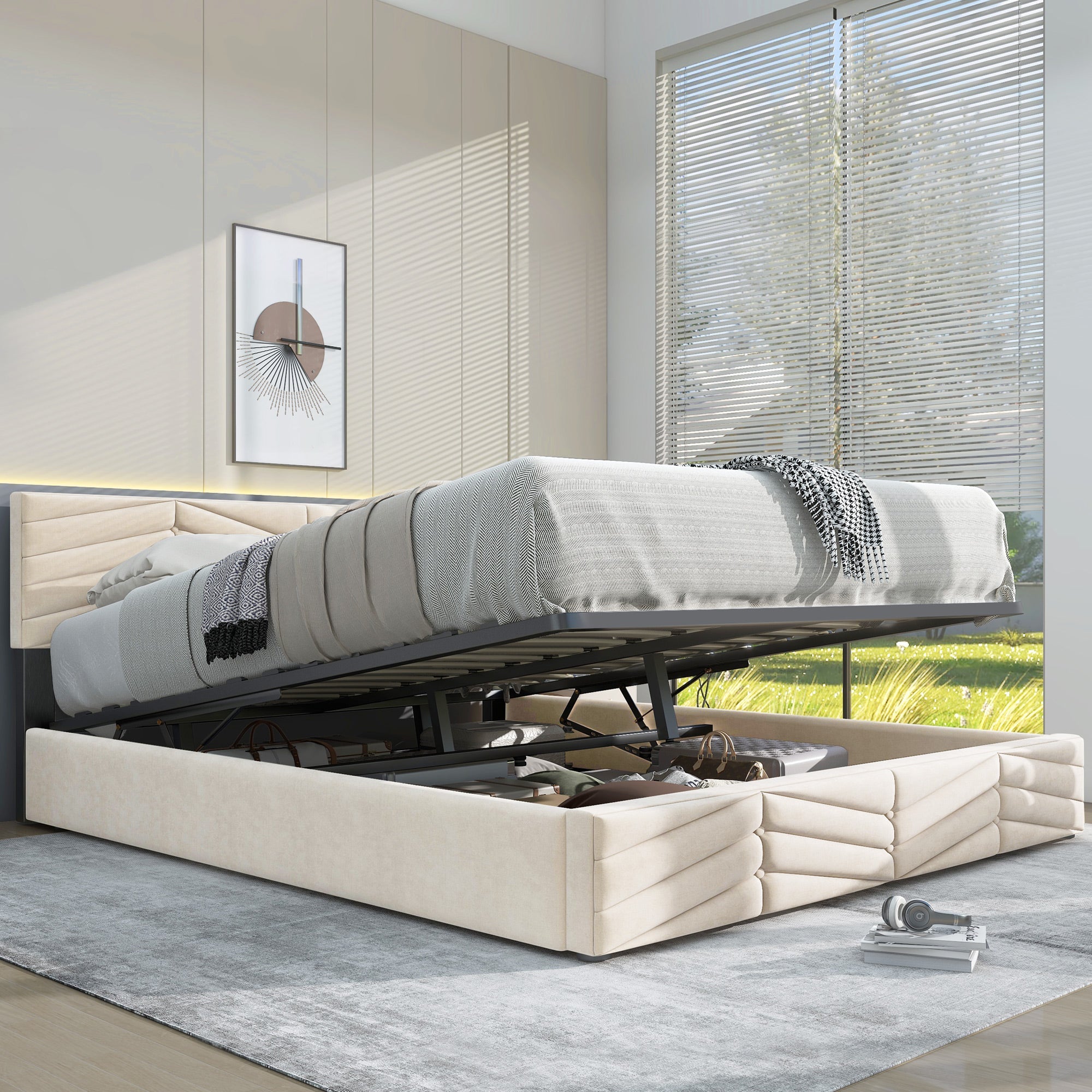 Logidon gestoffeerd bed 140x200 cm beige fluweel verstelbaar hoofdeinde