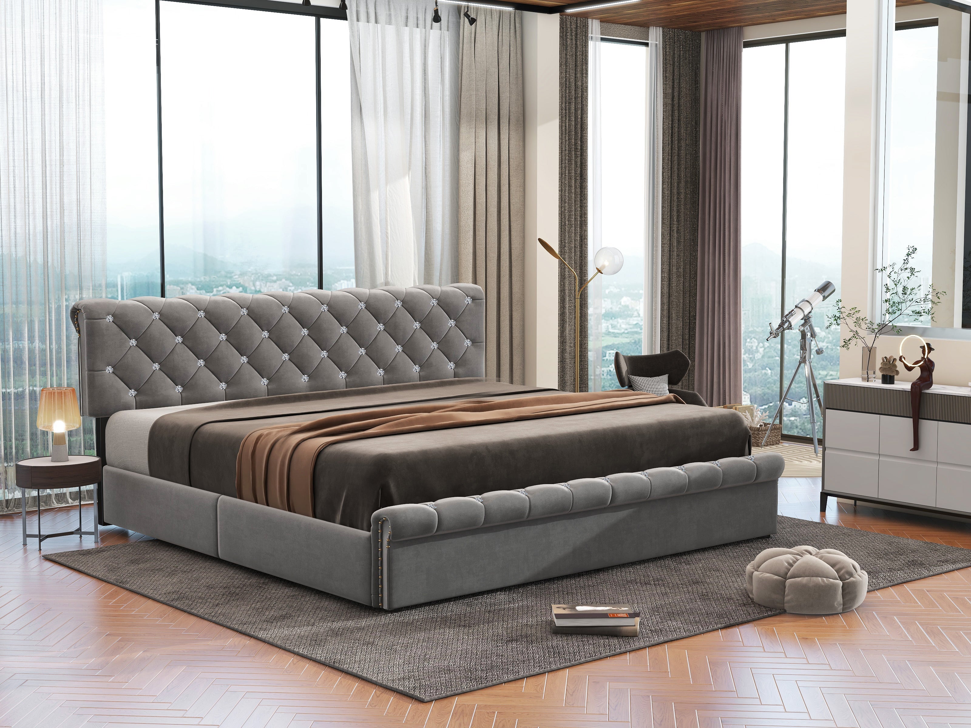 Logidon upholstered bed 160x200 gray velvet with height-adjustable headboard