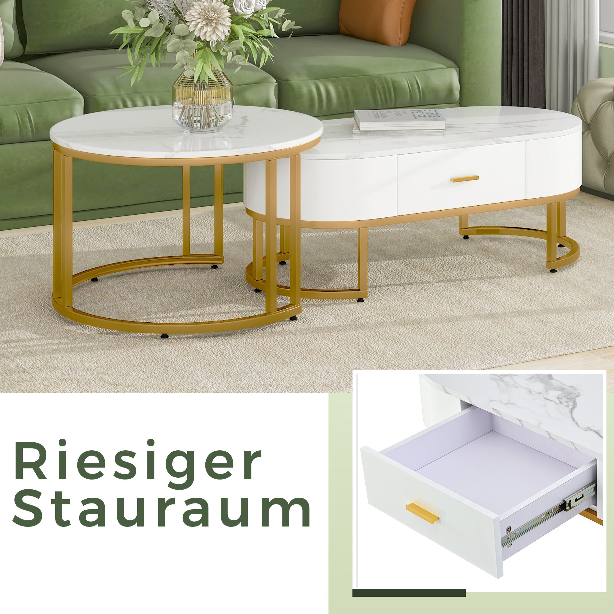Logidon Salontafels 2-delig Metaal Goud Wit Marmeren Blad