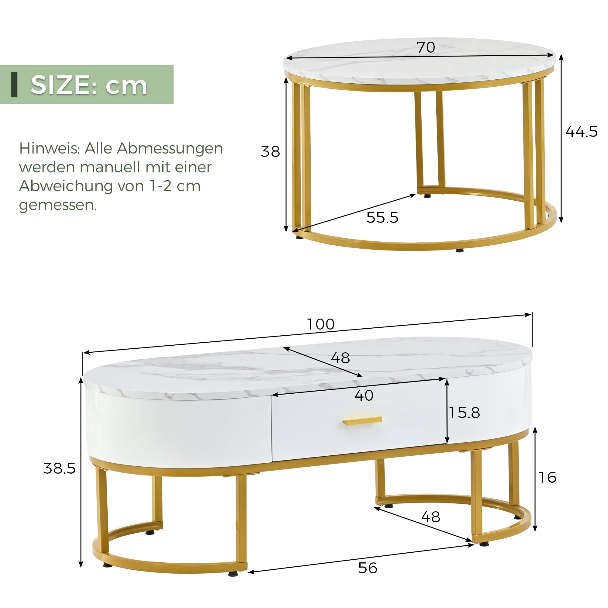 Logidon Salontafels 2-delig Metaal Goud Wit Marmeren Blad
