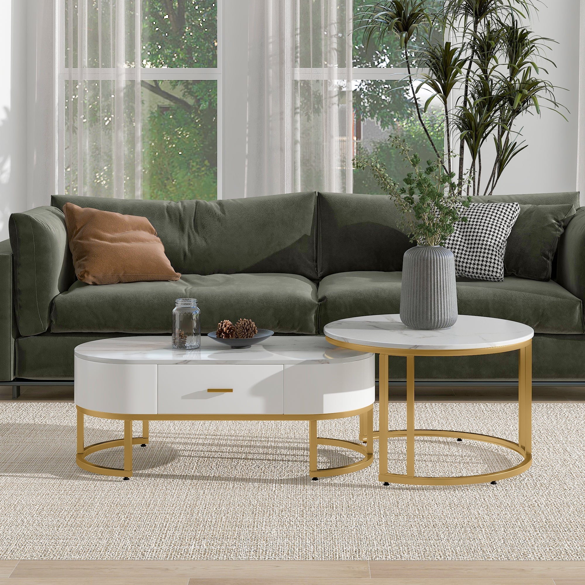 Logidon Salontafels 2-delig Metaal Goud Wit Marmeren Blad