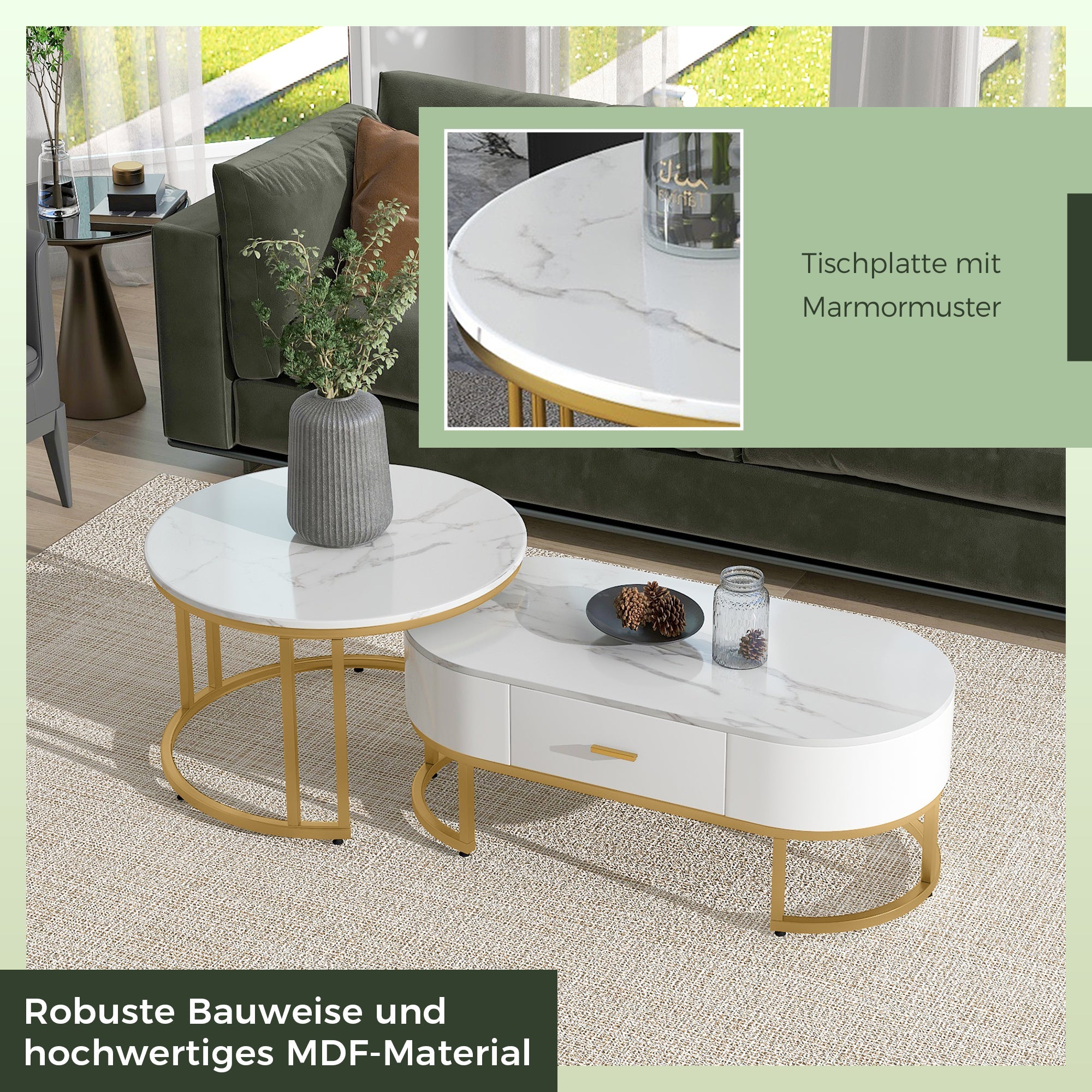 Logidon Salontafels 2-delig Metaal Goud Wit Marmeren Blad