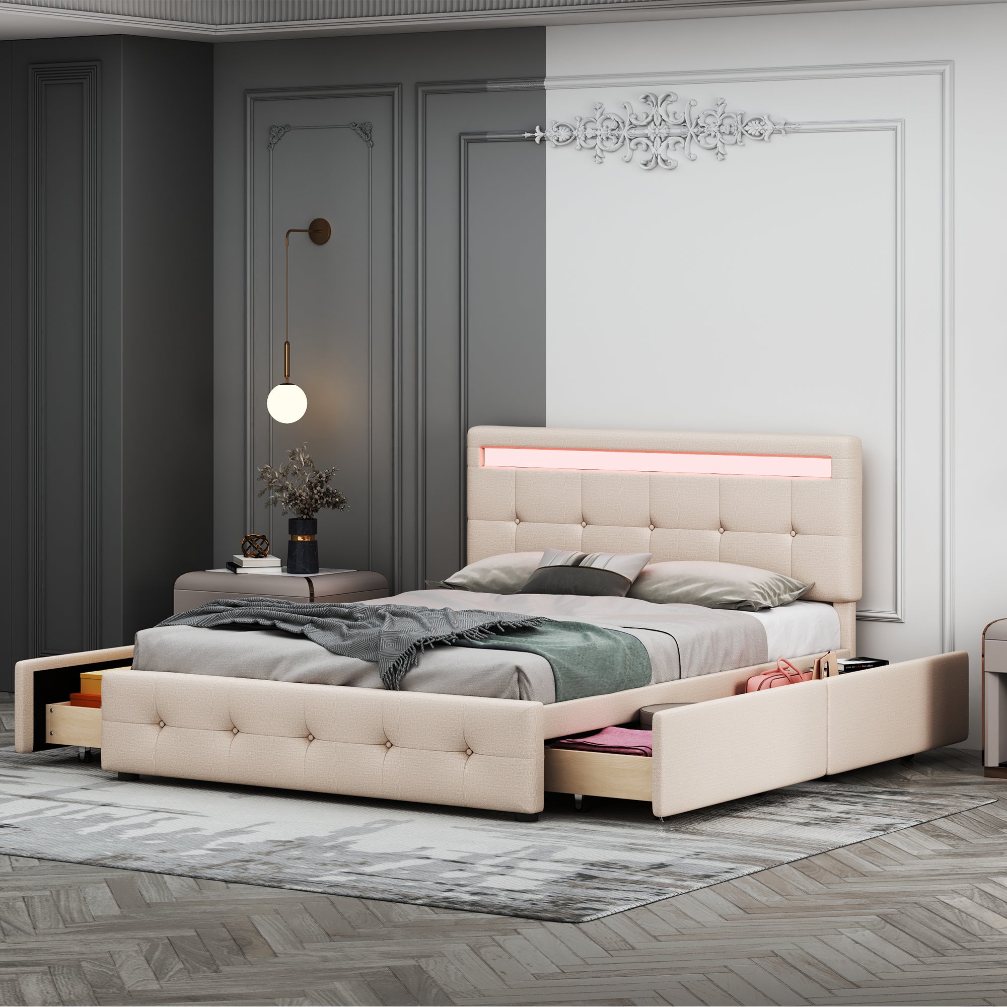 Logidon gestoffeerd bed 140x200 beige met LED bedbox en lattenbodem