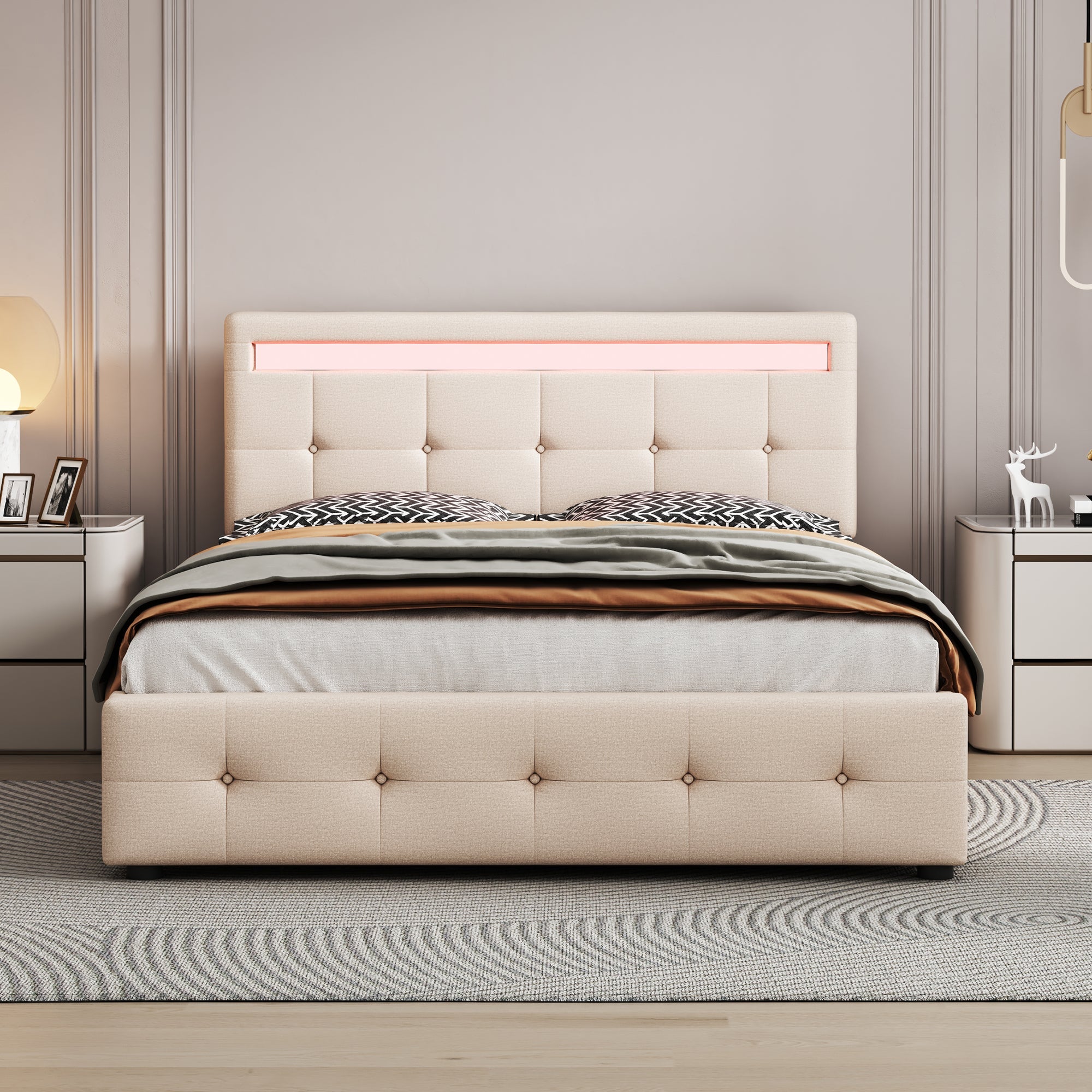 Logidon gestoffeerd bed 140x200 beige met LED bedbox en lattenbodem