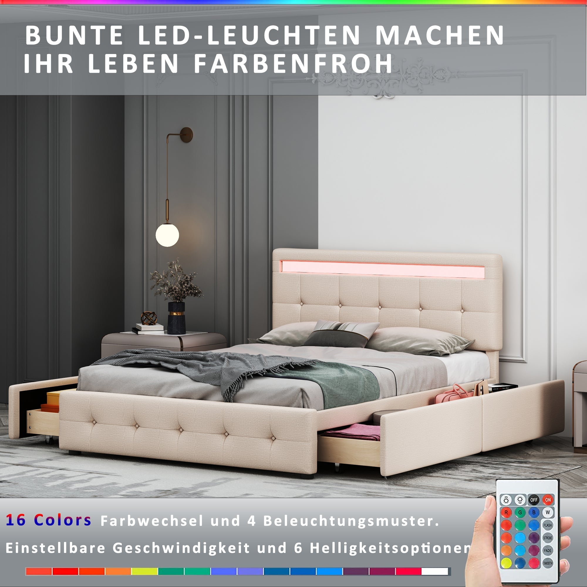 Logidon gestoffeerd bed 140x200 beige met LED bedbox en lattenbodem