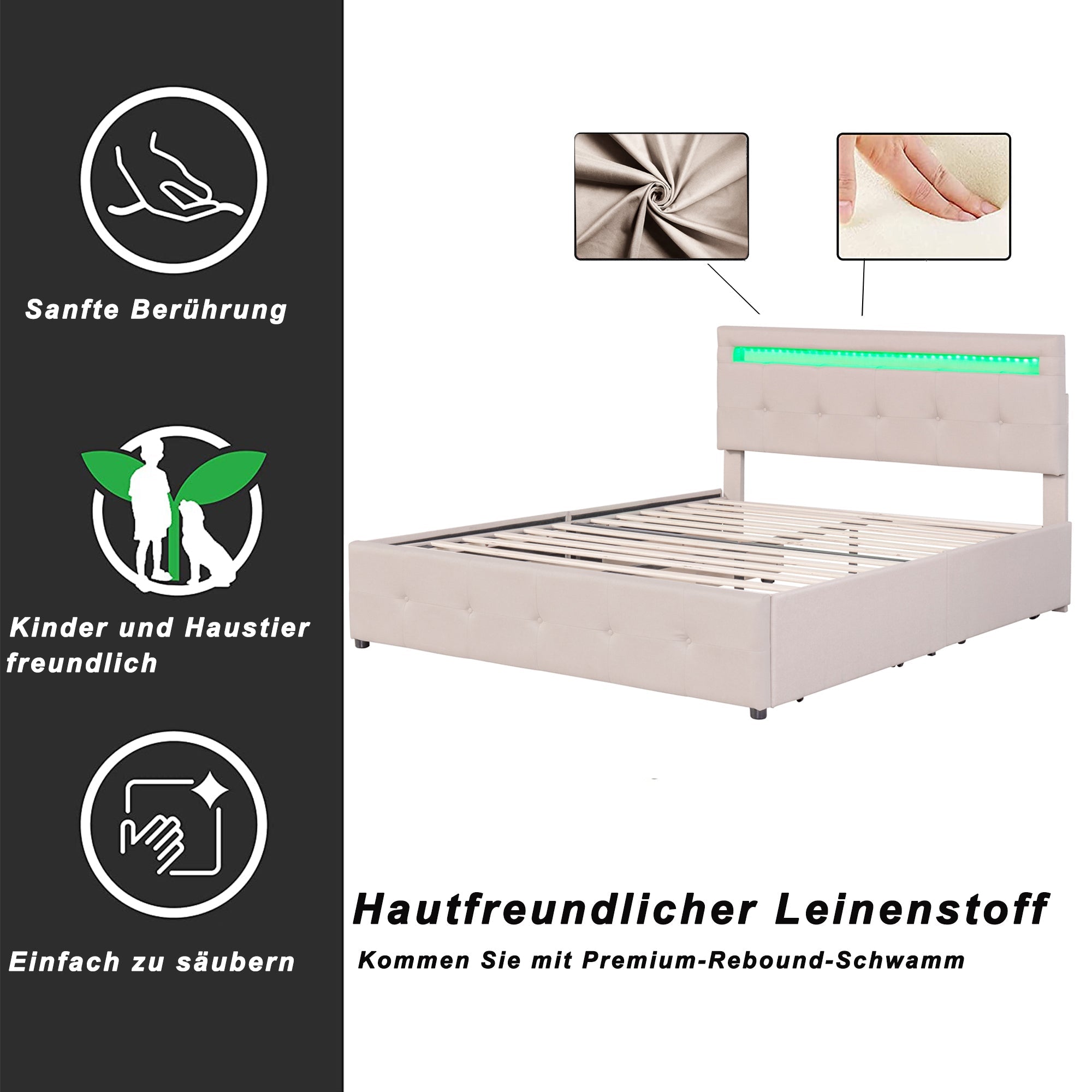 Logidon gestoffeerd bed 140x200 beige met LED bedbox en lattenbodem