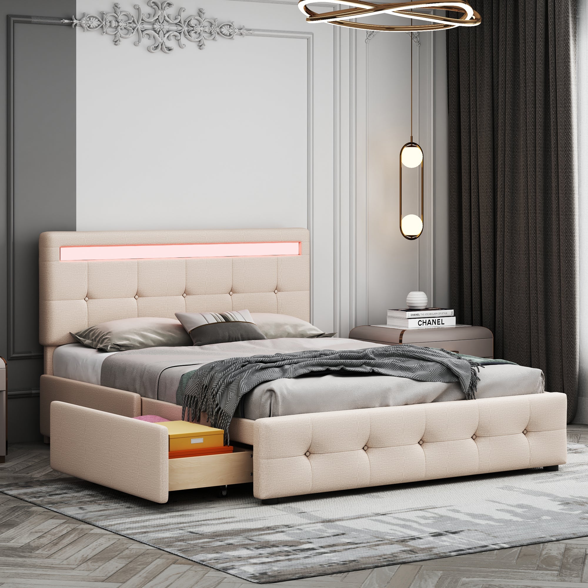 Logidon gestoffeerd bed 140x200 beige met LED bedbox en lattenbodem