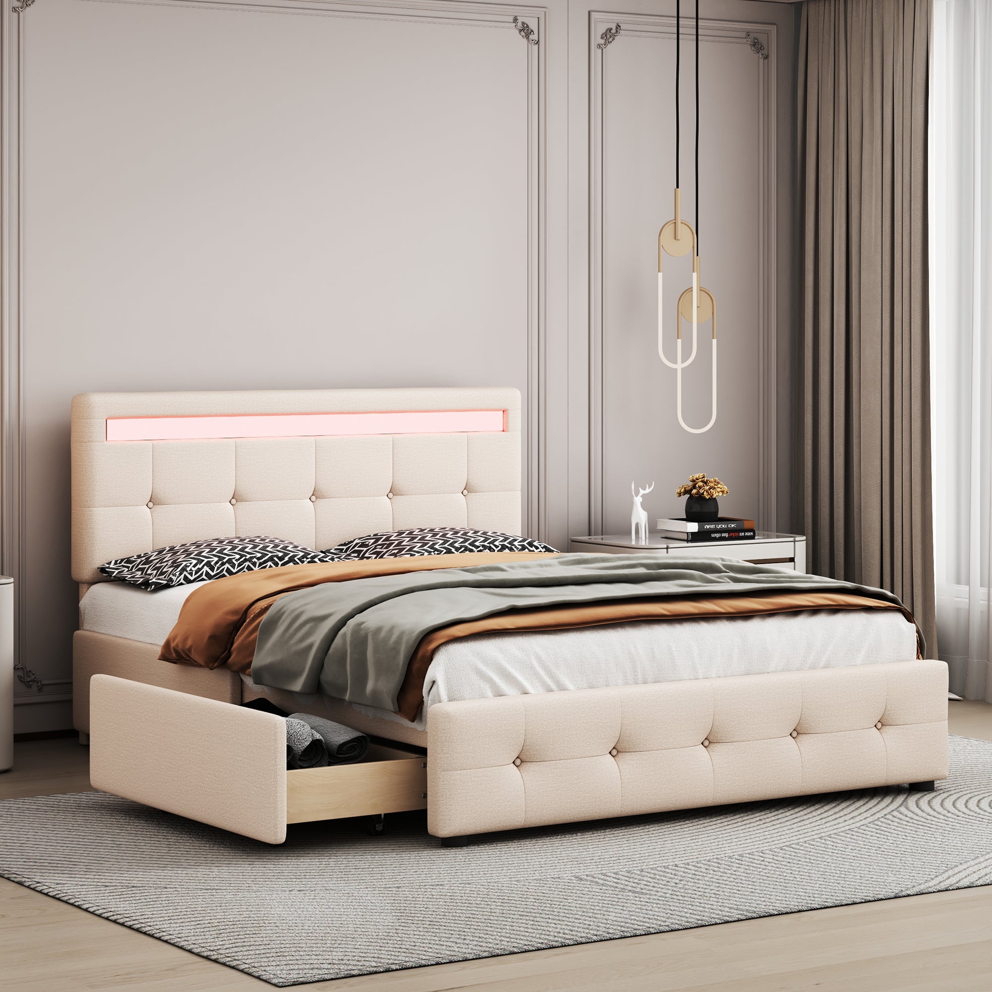 Logidon gestoffeerd bed 140x200 beige met LED bedbox en lattenbodem