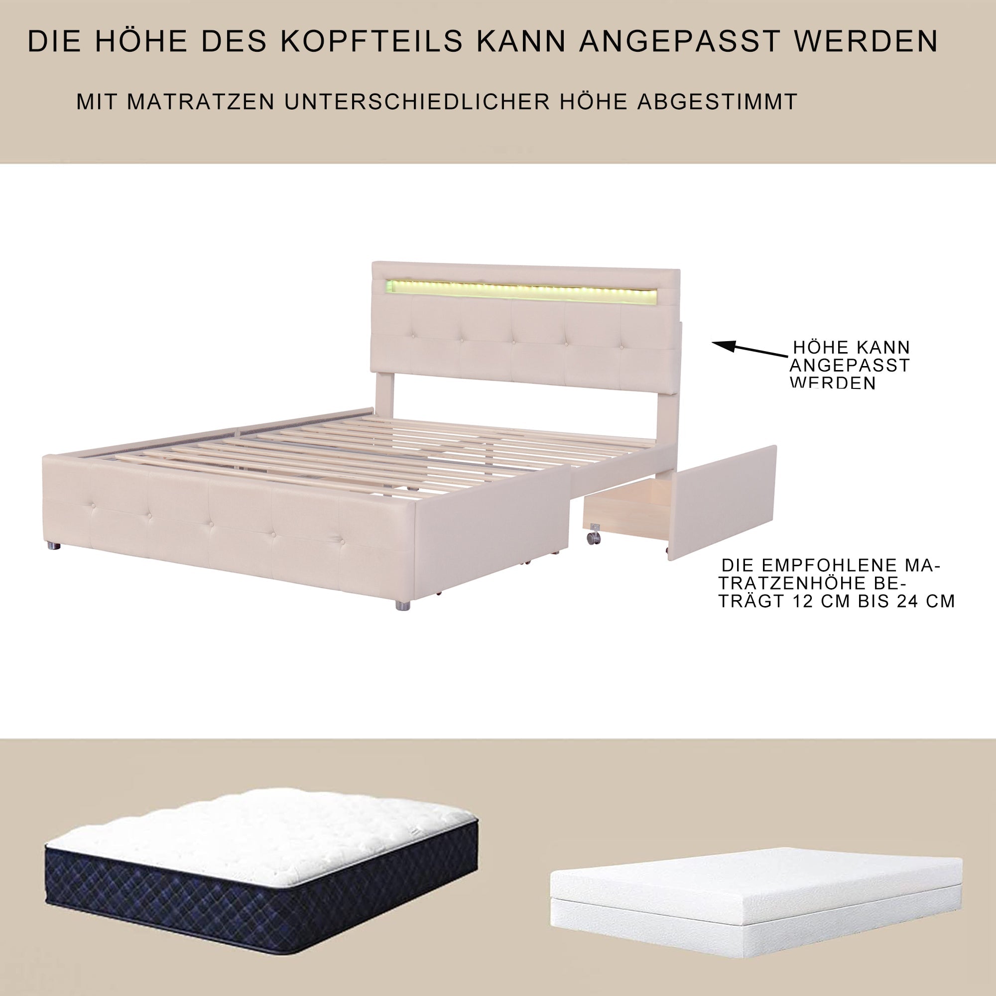 Logidon gestoffeerd bed 140x200 beige met LED bedbox en lattenbodem