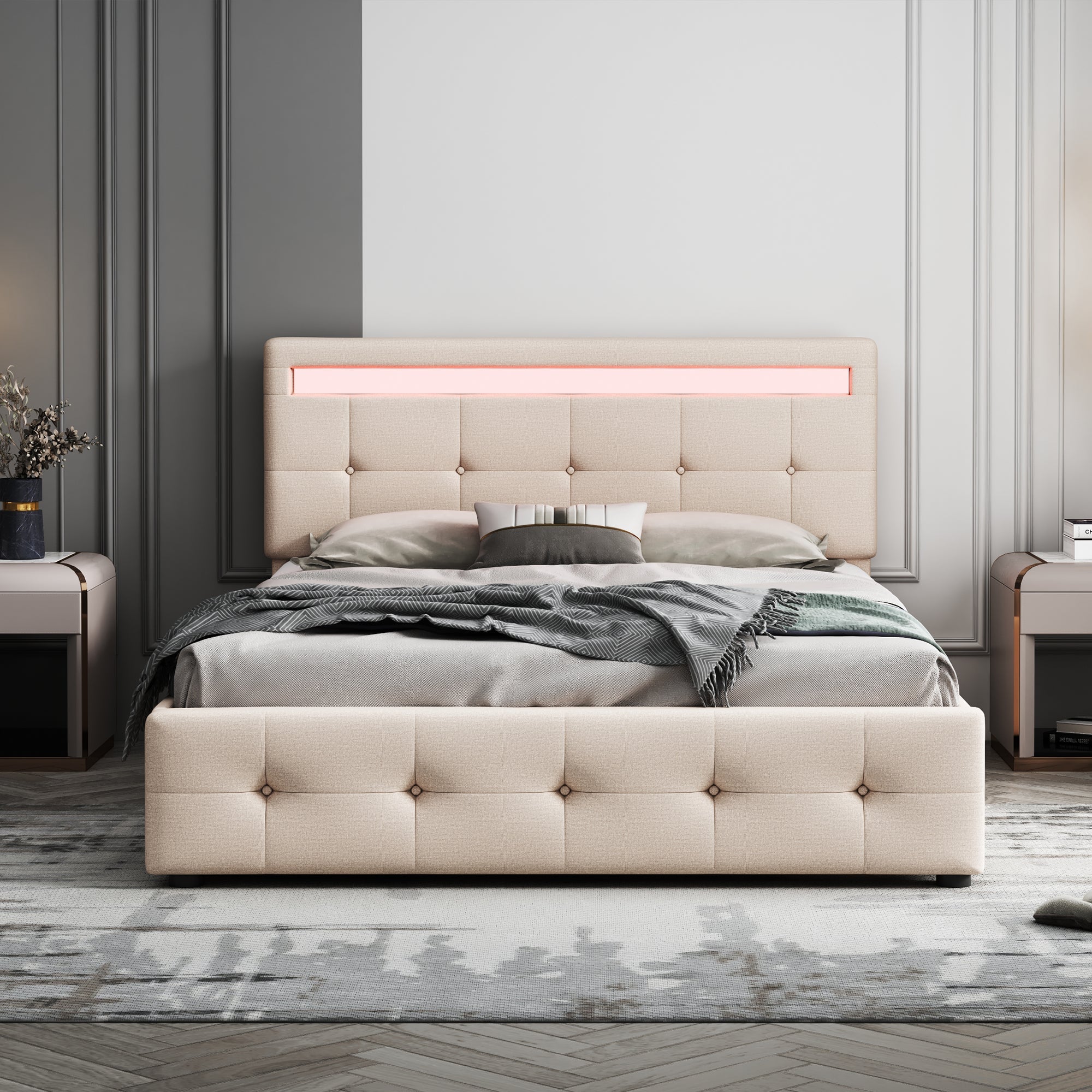Logidon gestoffeerd bed 140x200 beige met LED bedbox en lattenbodem