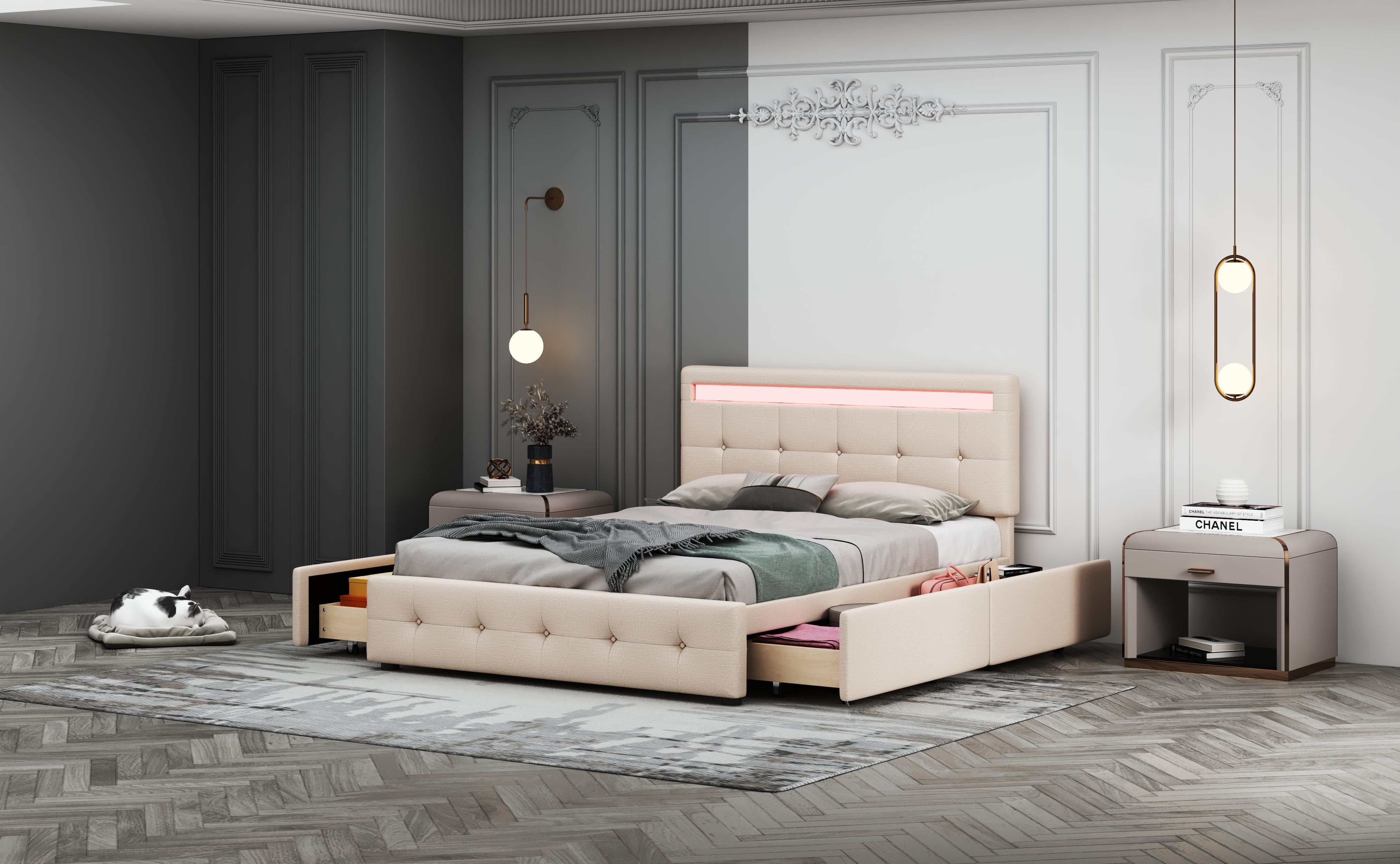 Logidon gestoffeerd bed 140x200 beige met LED bedbox en lattenbodem