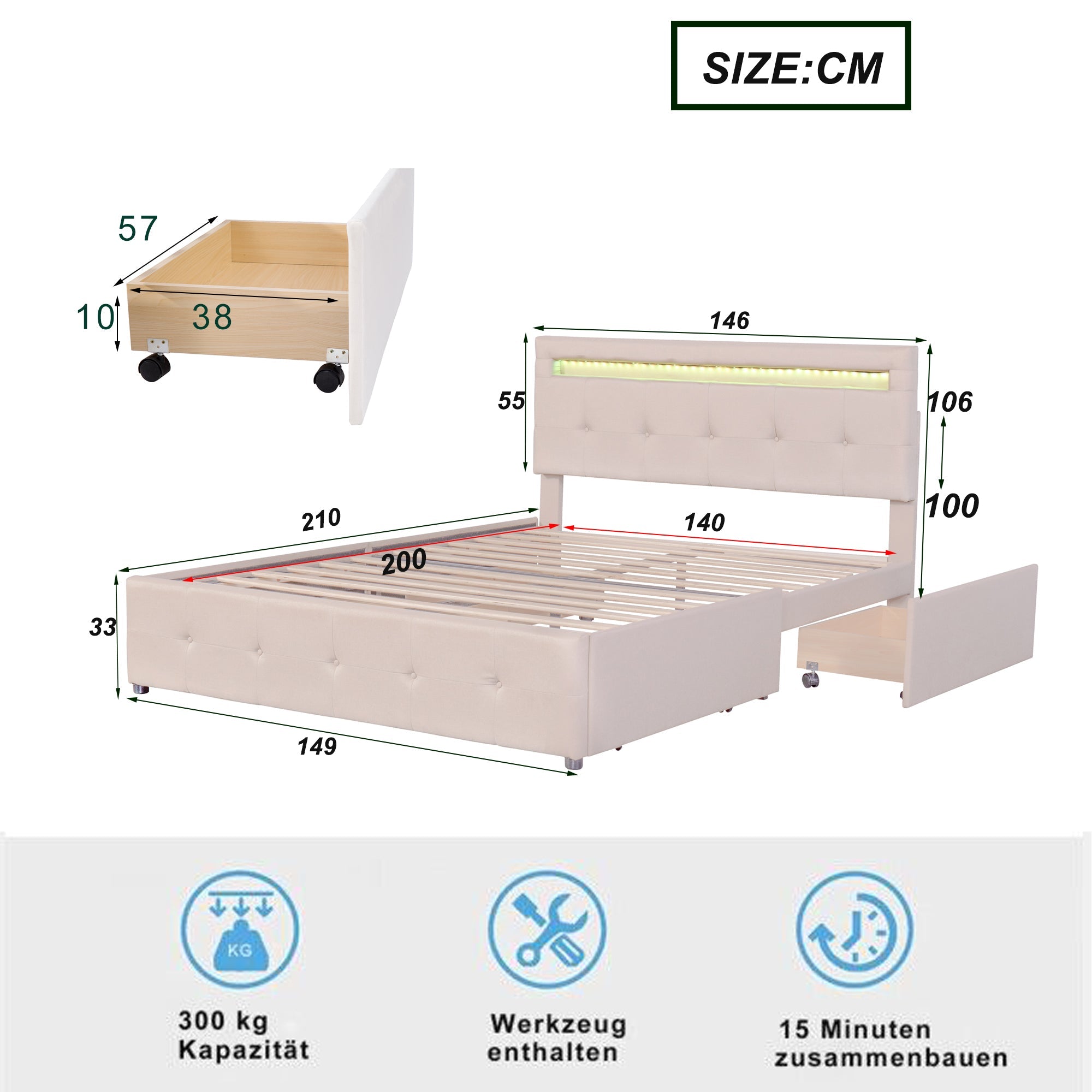 Logidon gestoffeerd bed 140x200 beige met LED bedbox en lattenbodem