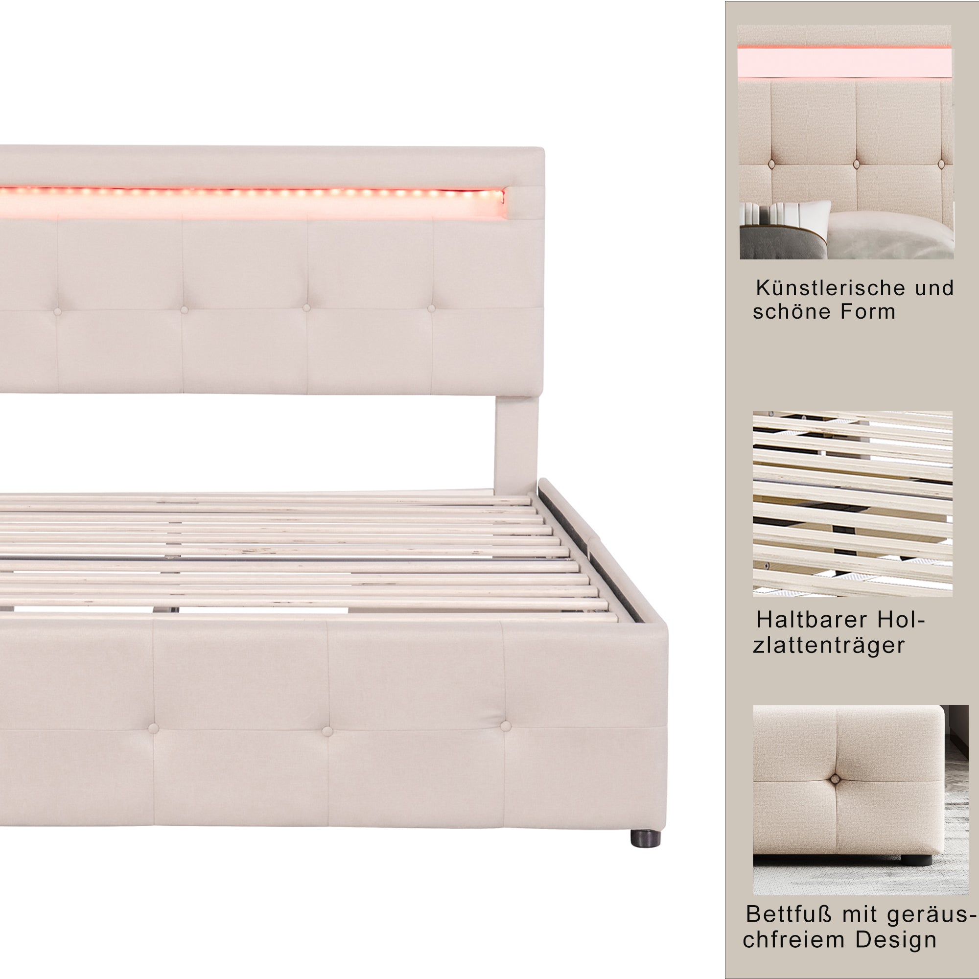 Logidon gestoffeerd bed 140x200 beige met LED bedbox en lattenbodem