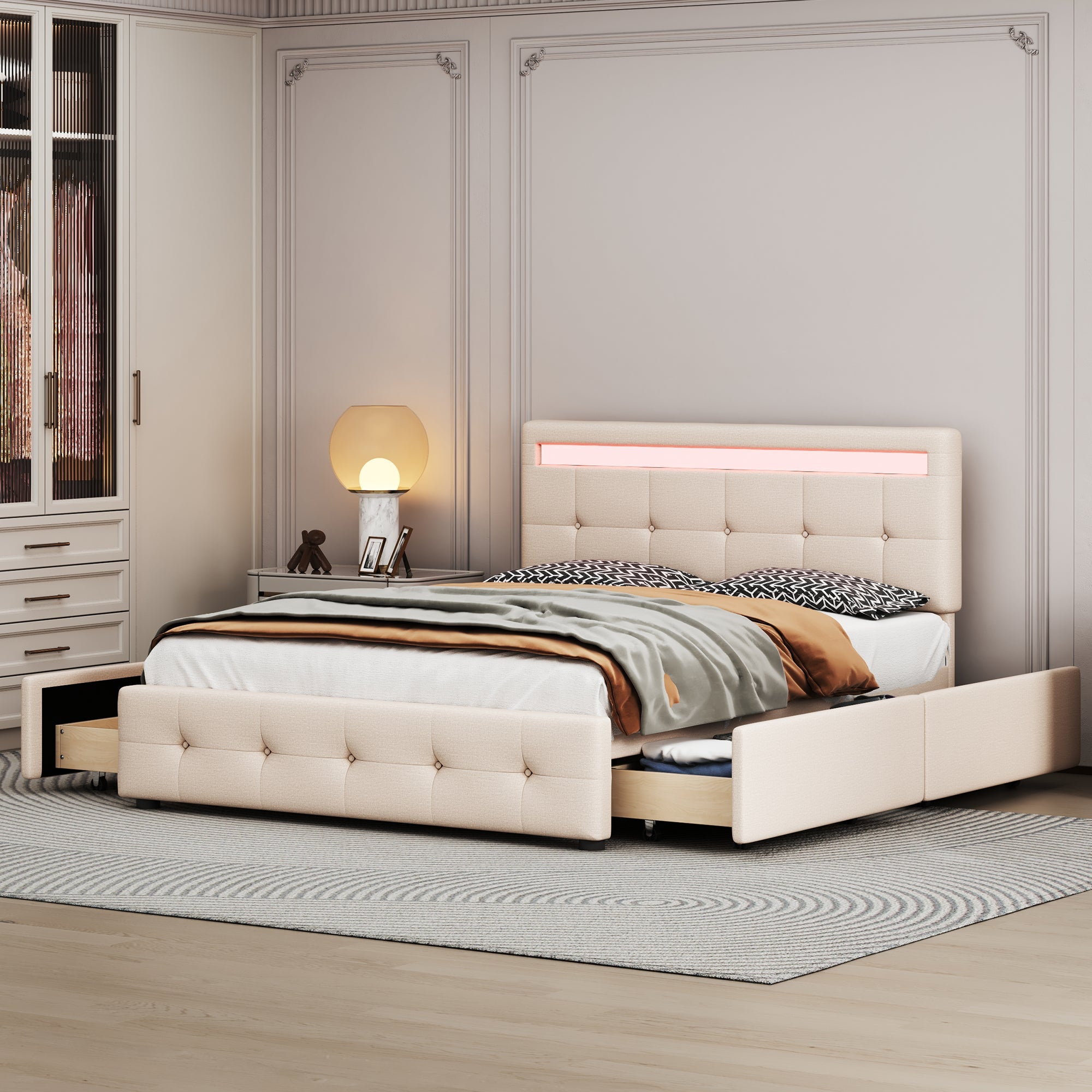 Logidon gestoffeerd bed 140x200 beige met LED bedbox en lattenbodem