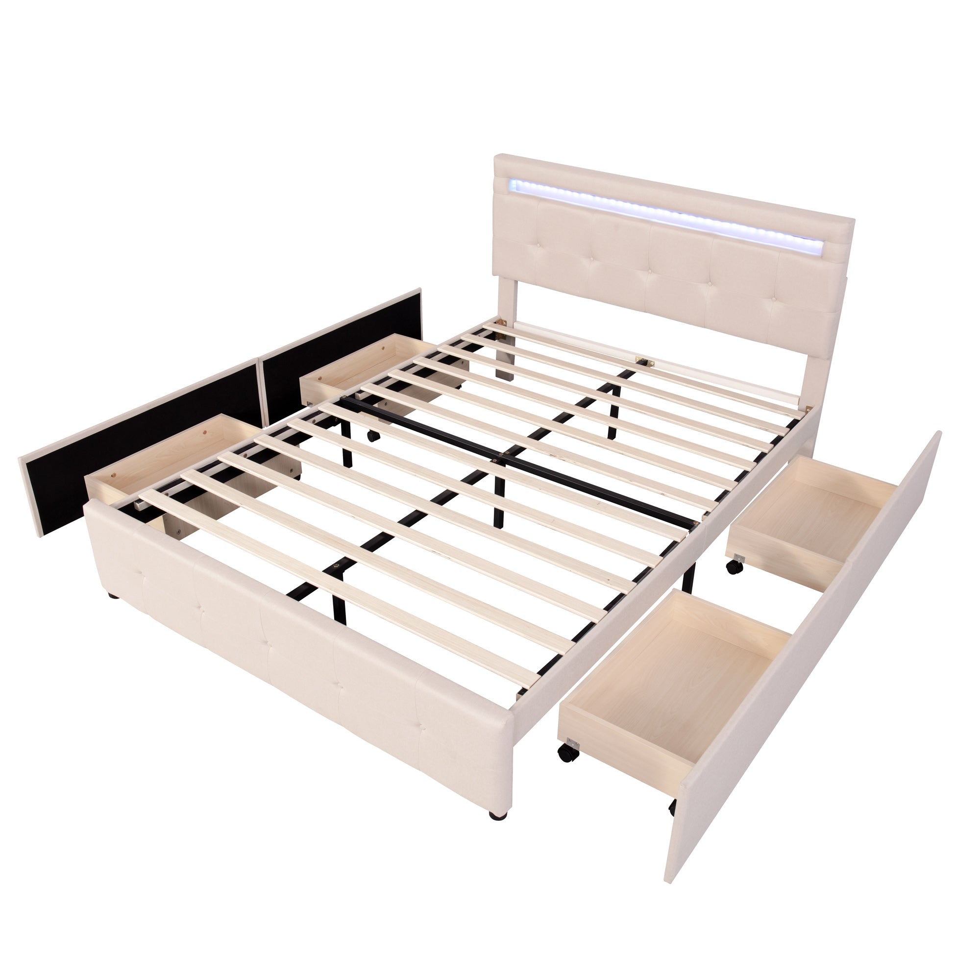 Logidon gestoffeerd bed 140x200 beige met LED bedbox en lattenbodem