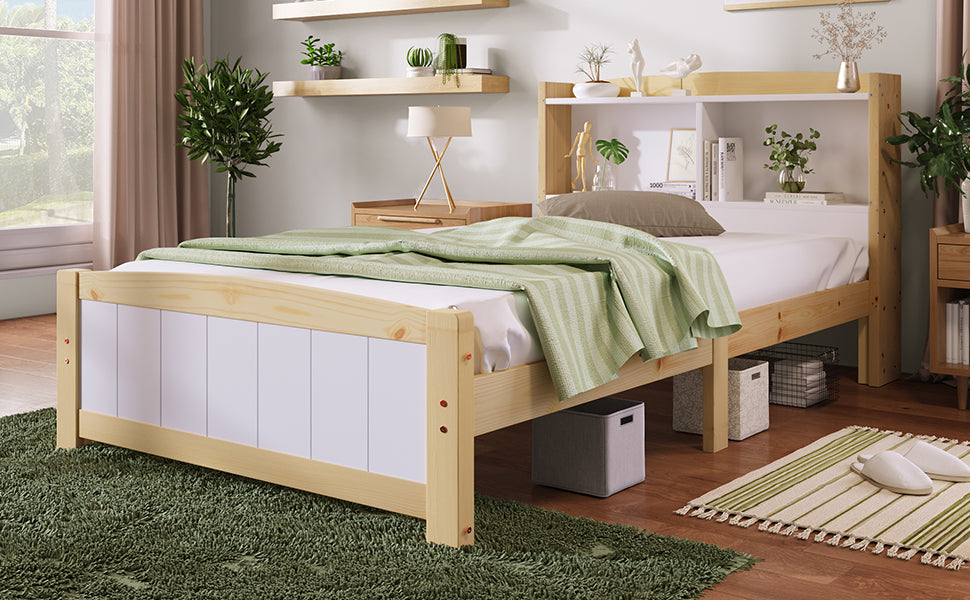 Logidon massief houten bed 90x200 met opbergruimte hoofdeinde wit natuurlijk hout