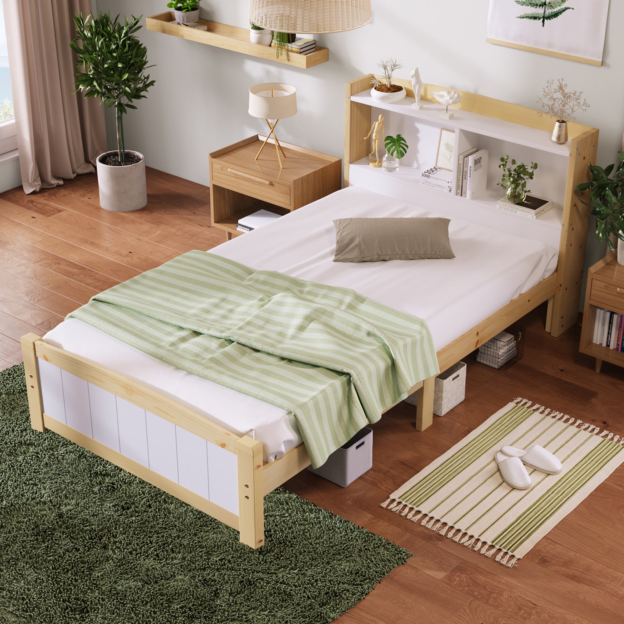 Logidon massief houten bed 90x200 met opbergruimte hoofdeinde wit natuurlijk hout