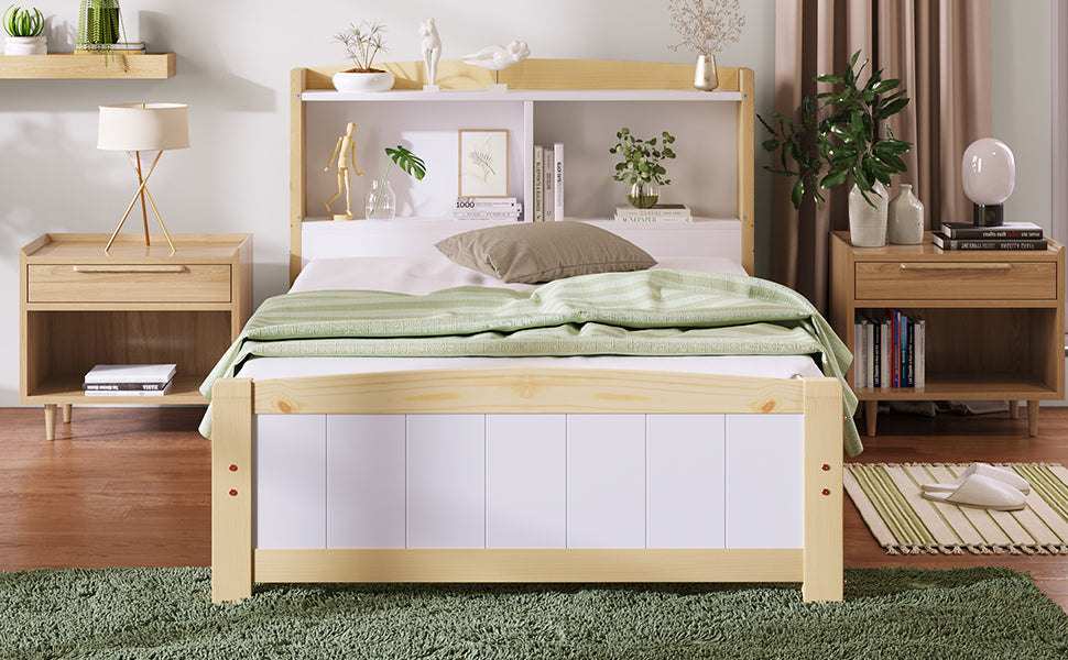 Logidon massief houten bed 90x200 met opbergruimte hoofdeinde wit natuurlijk hout