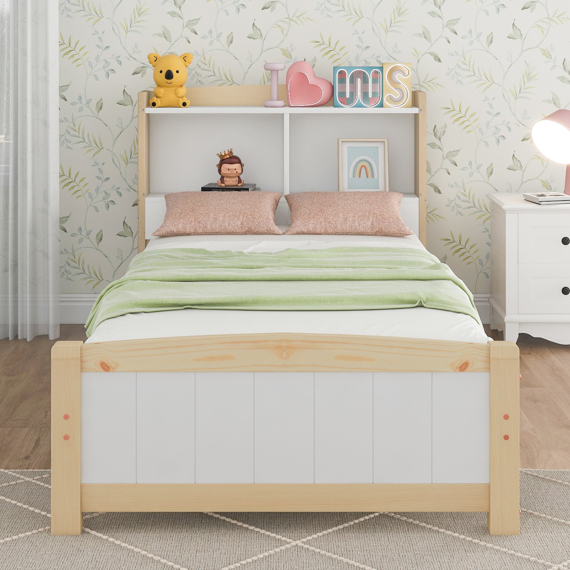 Logidon massief houten bed 90x200 met opbergruimte hoofdeinde wit natuurlijk hout