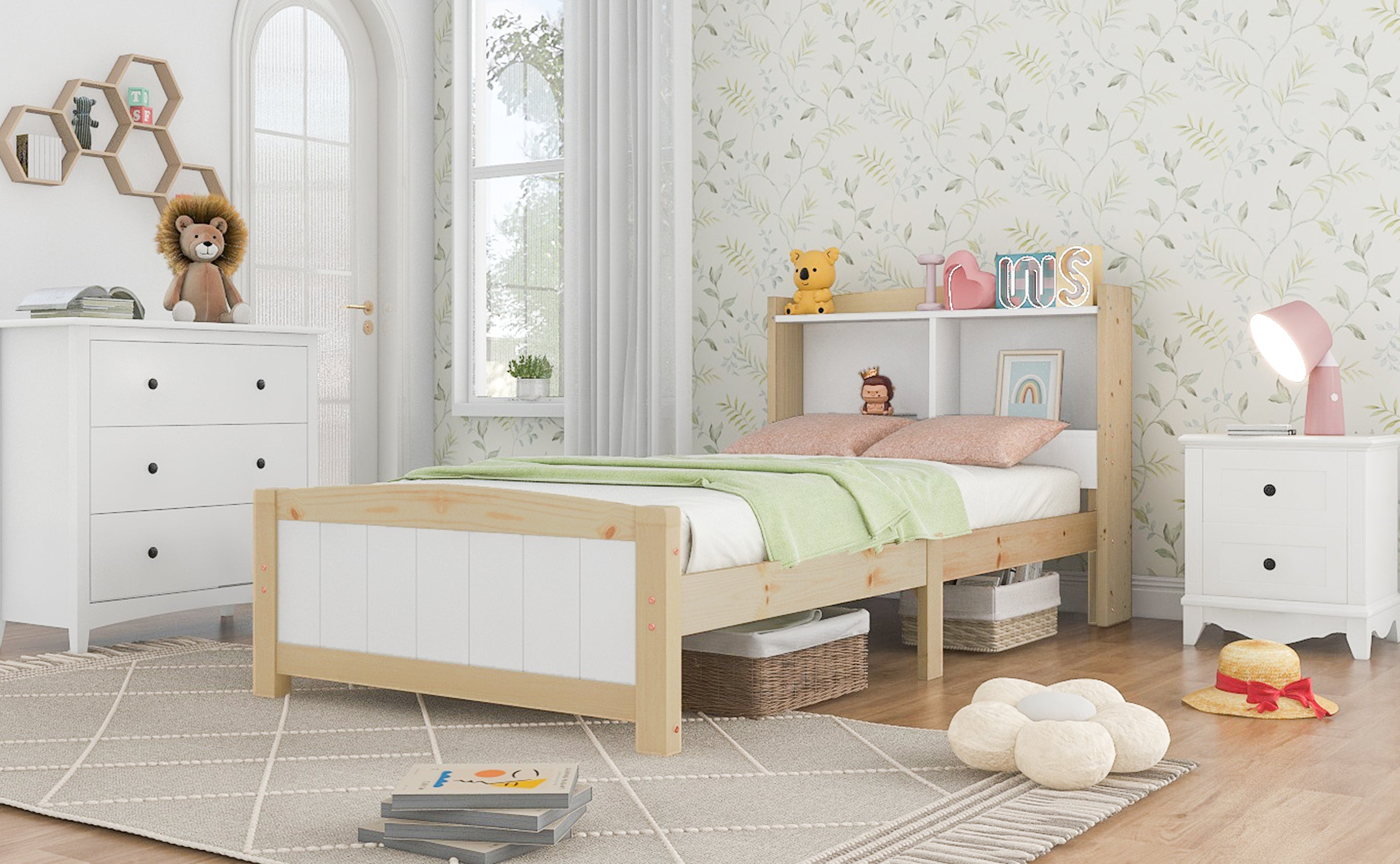 Logidon massief houten bed 90x200 met opbergruimte hoofdeinde wit natuurlijk hout