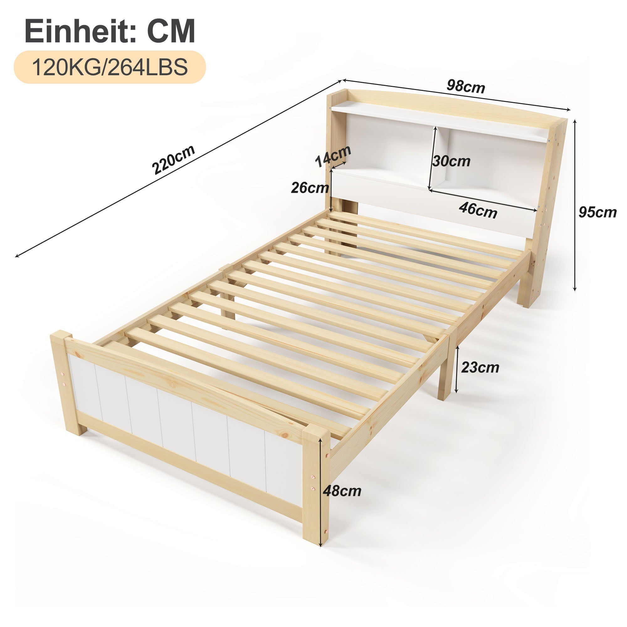 Logidon massief houten bed 90x200 met opbergruimte hoofdeinde wit natuurlijk hout