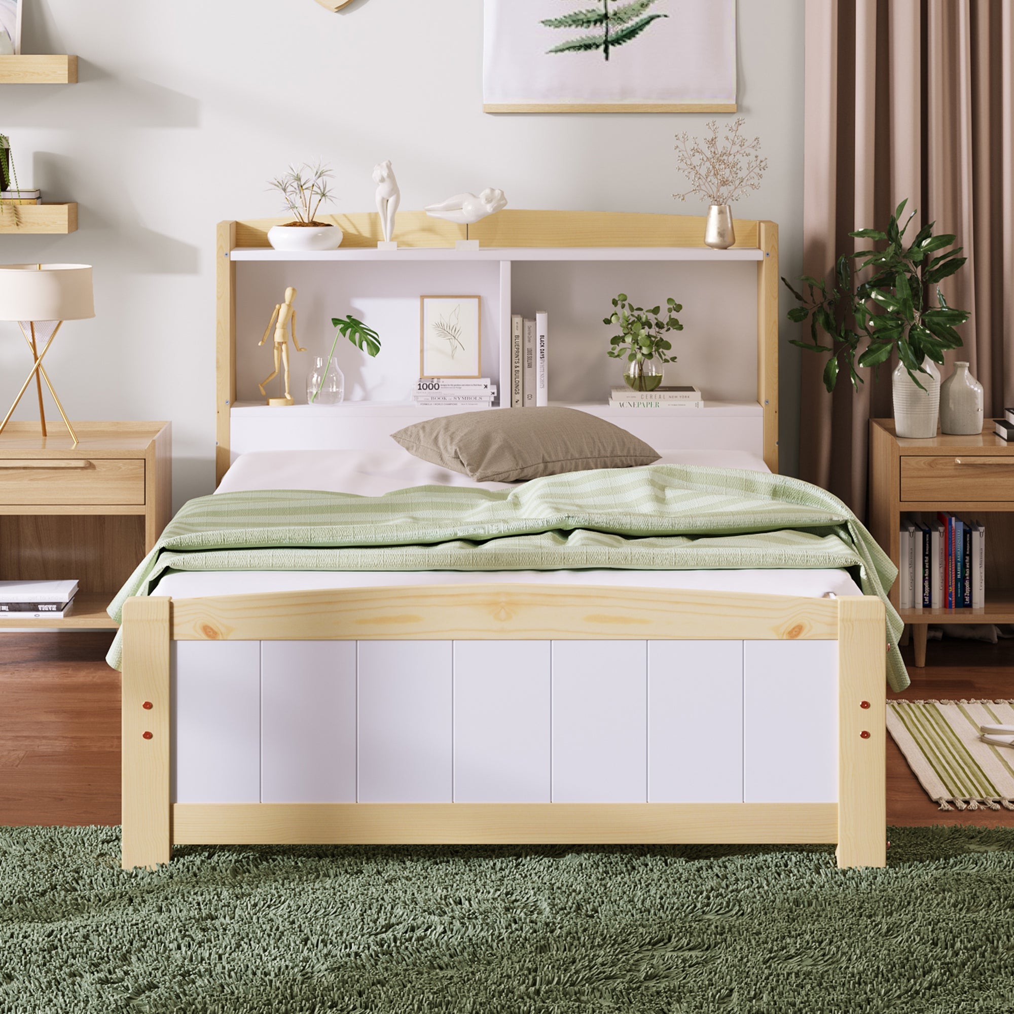 Logidon massief houten bed 90x200 met opbergruimte hoofdeinde wit natuurlijk hout