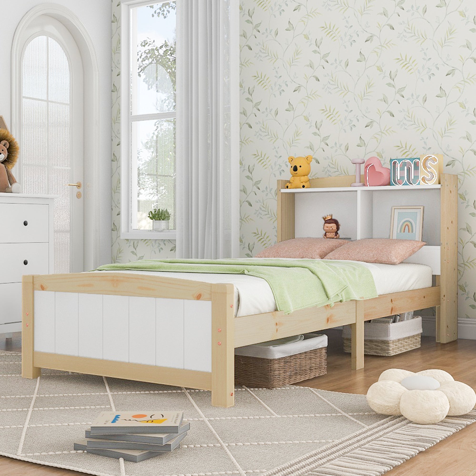Logidon massief houten bed 90x200 met opbergruimte hoofdeinde wit natuurlijk hout