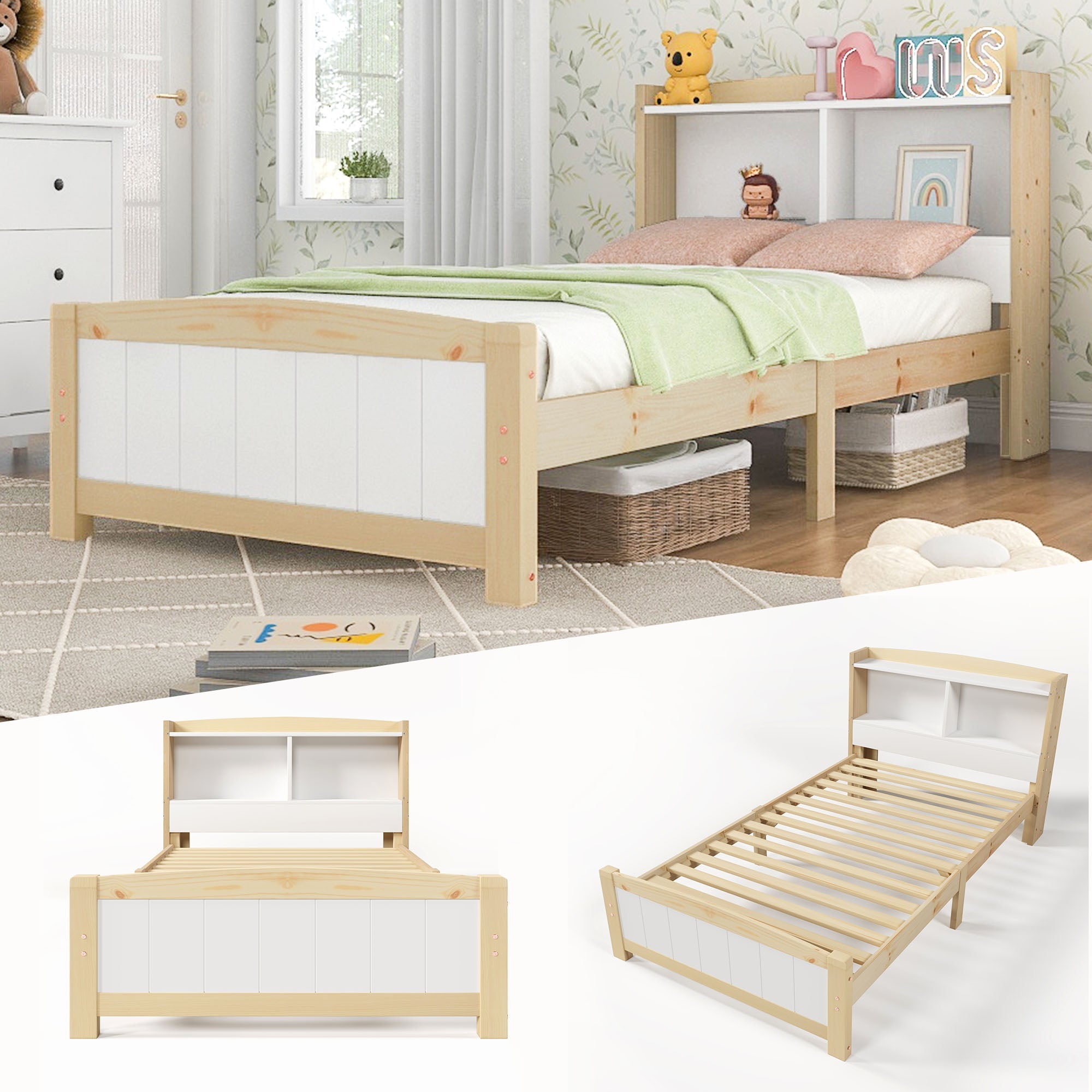 Logidon massief houten bed 90x200 met opbergruimte hoofdeinde wit natuurlijk hout