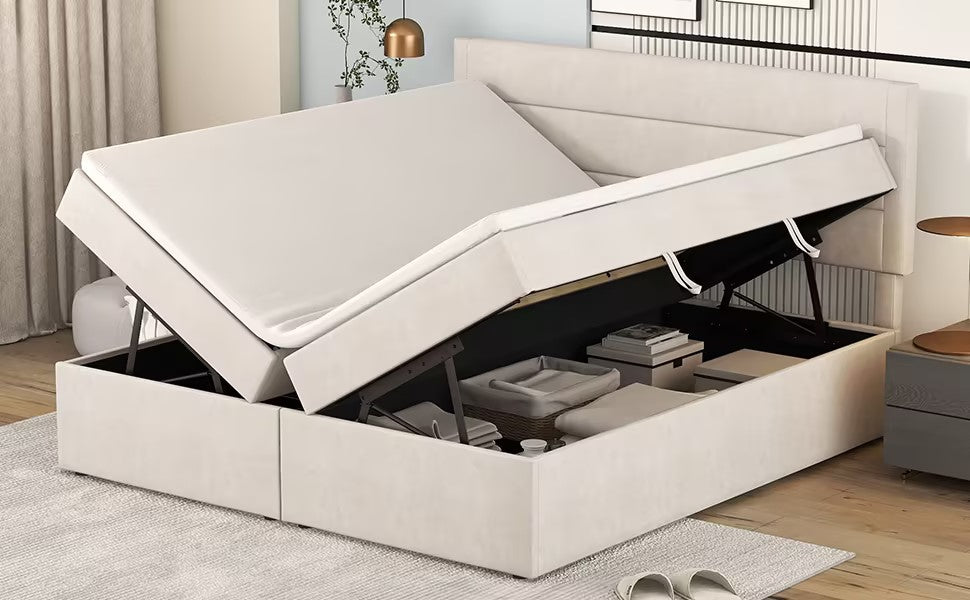 Logidon gestoffeerd bed 140x200 cm beige met opbergruimte en lattenbodem