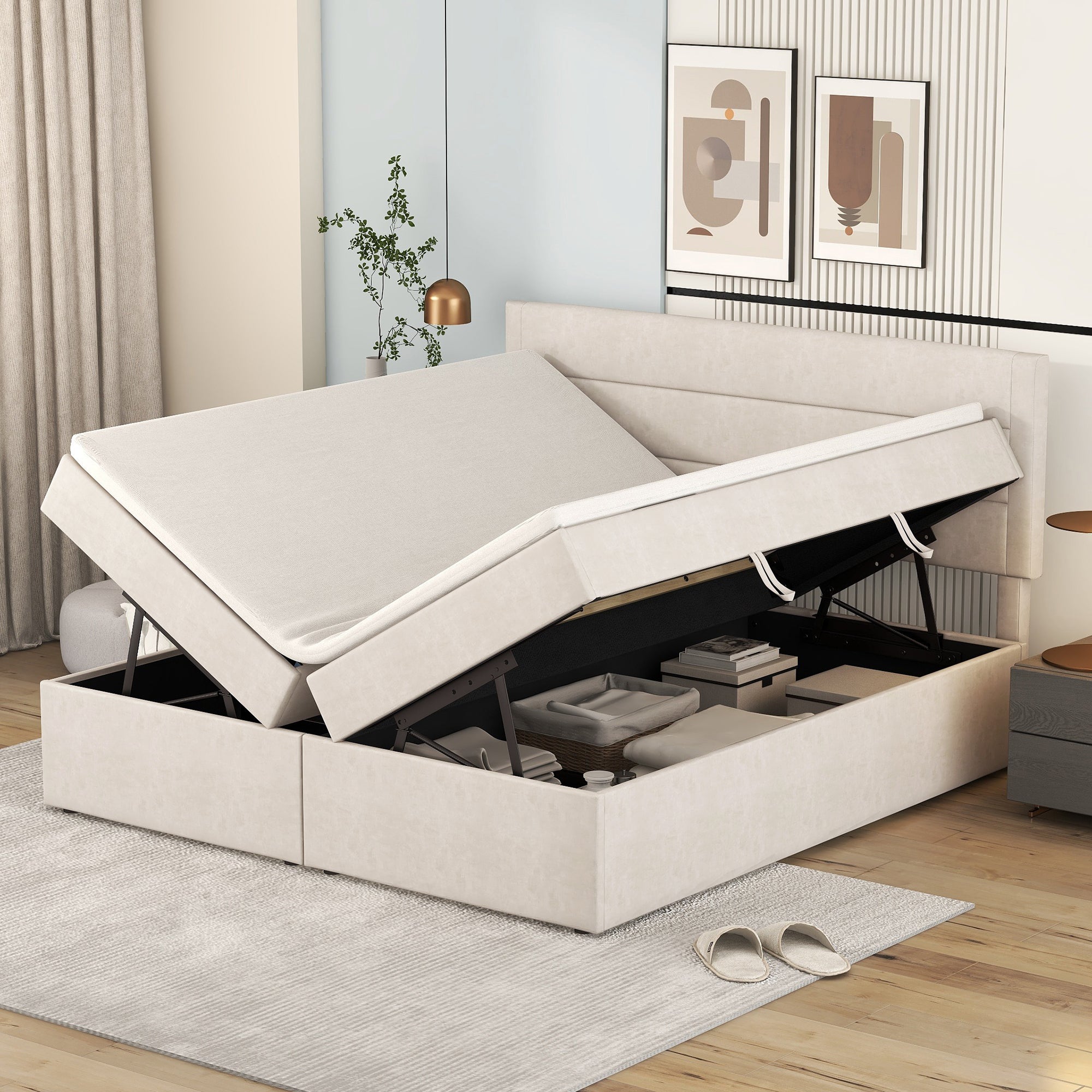 Logidon gestoffeerd bed 140x200 cm beige met opbergruimte en lattenbodem