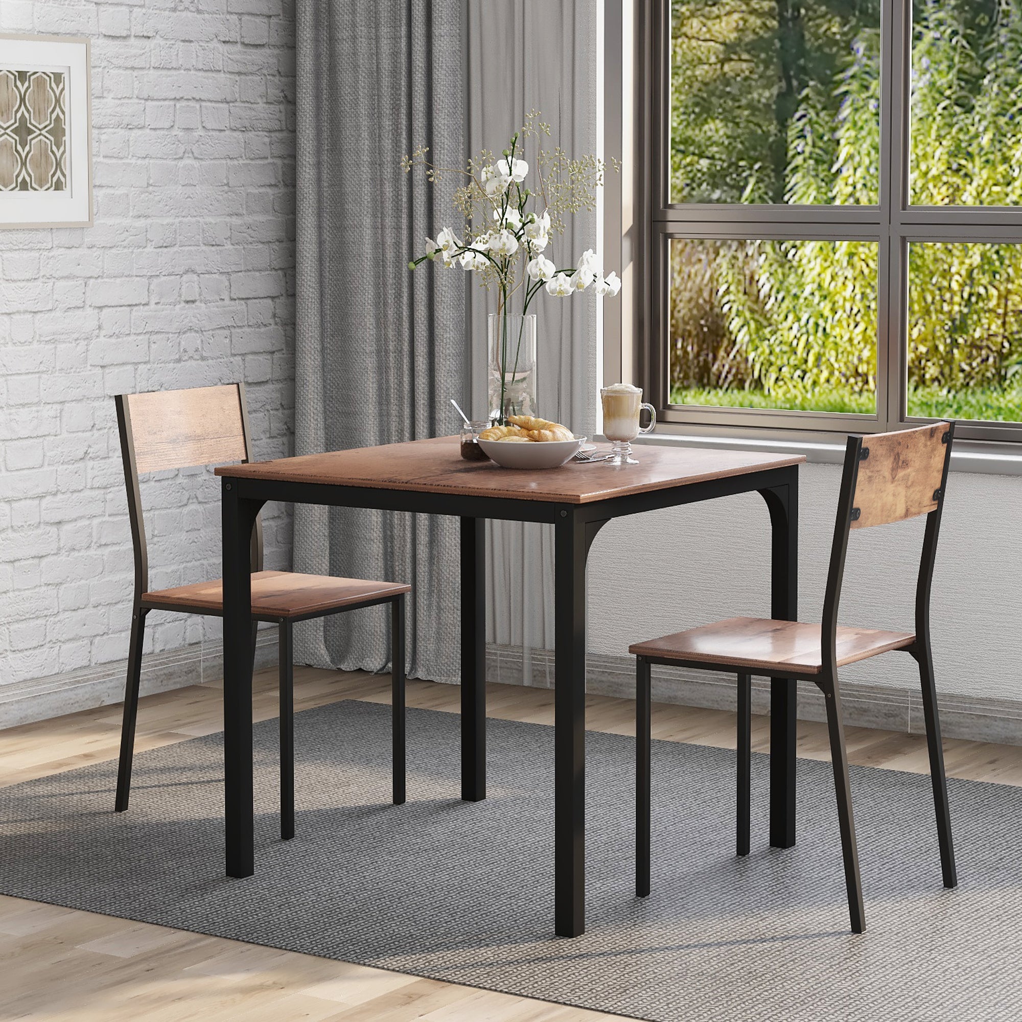 Logidon Eettafelset 70x70 cm Vintage Bruin met 2 Stoelen Metalen Frame