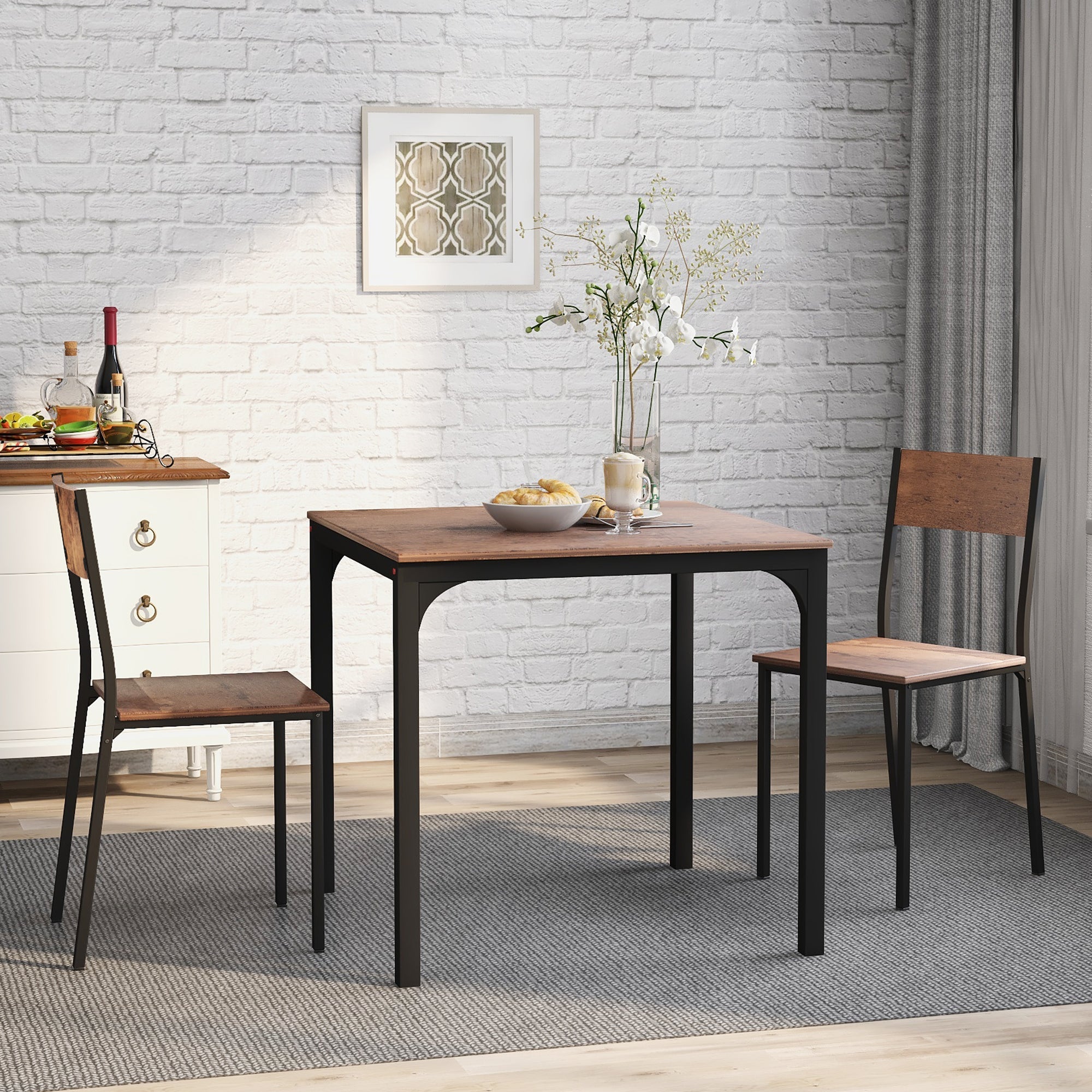 Logidon Eettafelset 70x70 cm Vintage Bruin met 2 Stoelen Metalen Frame