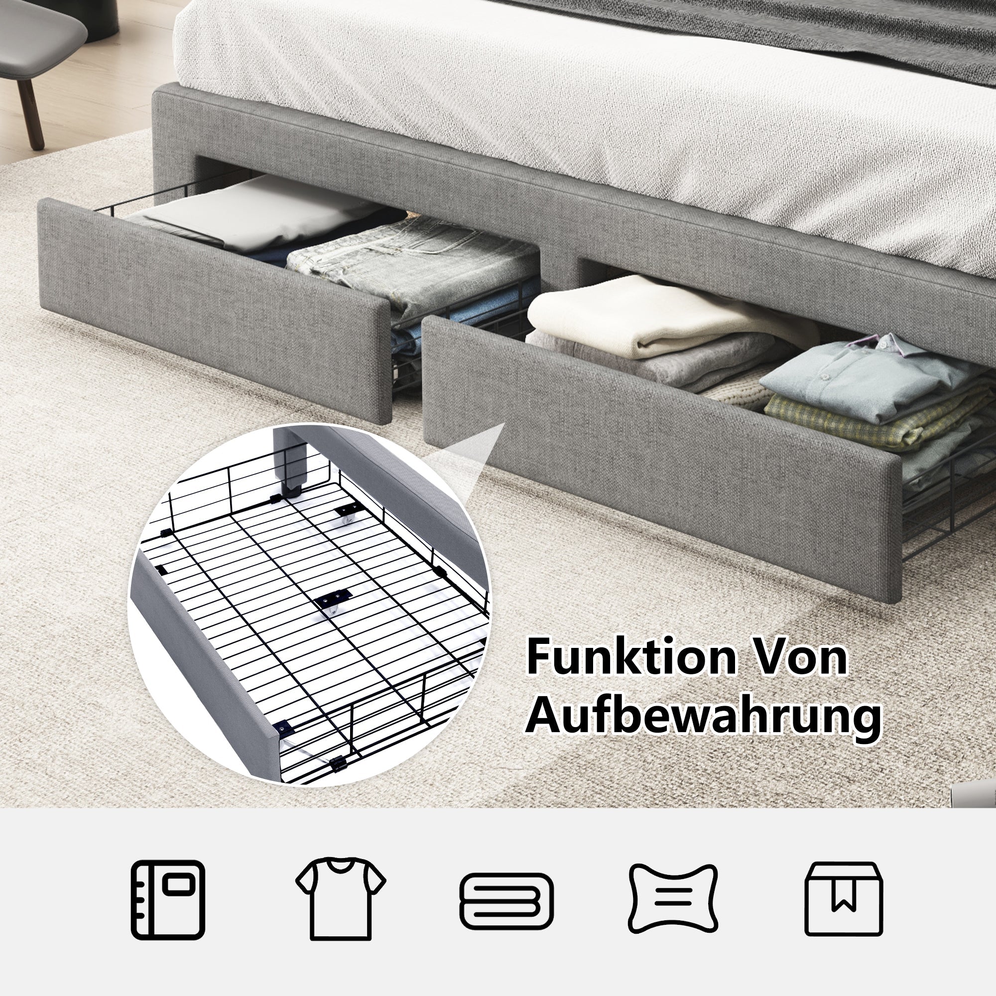 Logidon gestoffeerd bed 180x200 grijs met LED-verlichting en lades