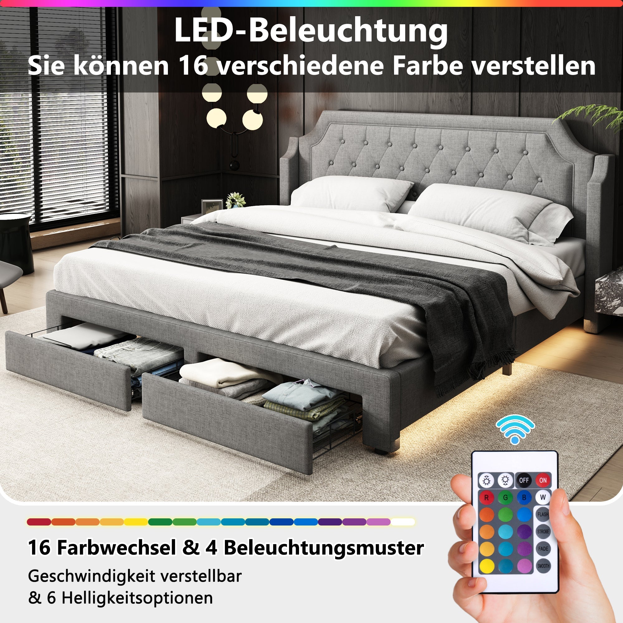 Logidon gestoffeerd bed 180x200 grijs met LED-verlichting en lades
