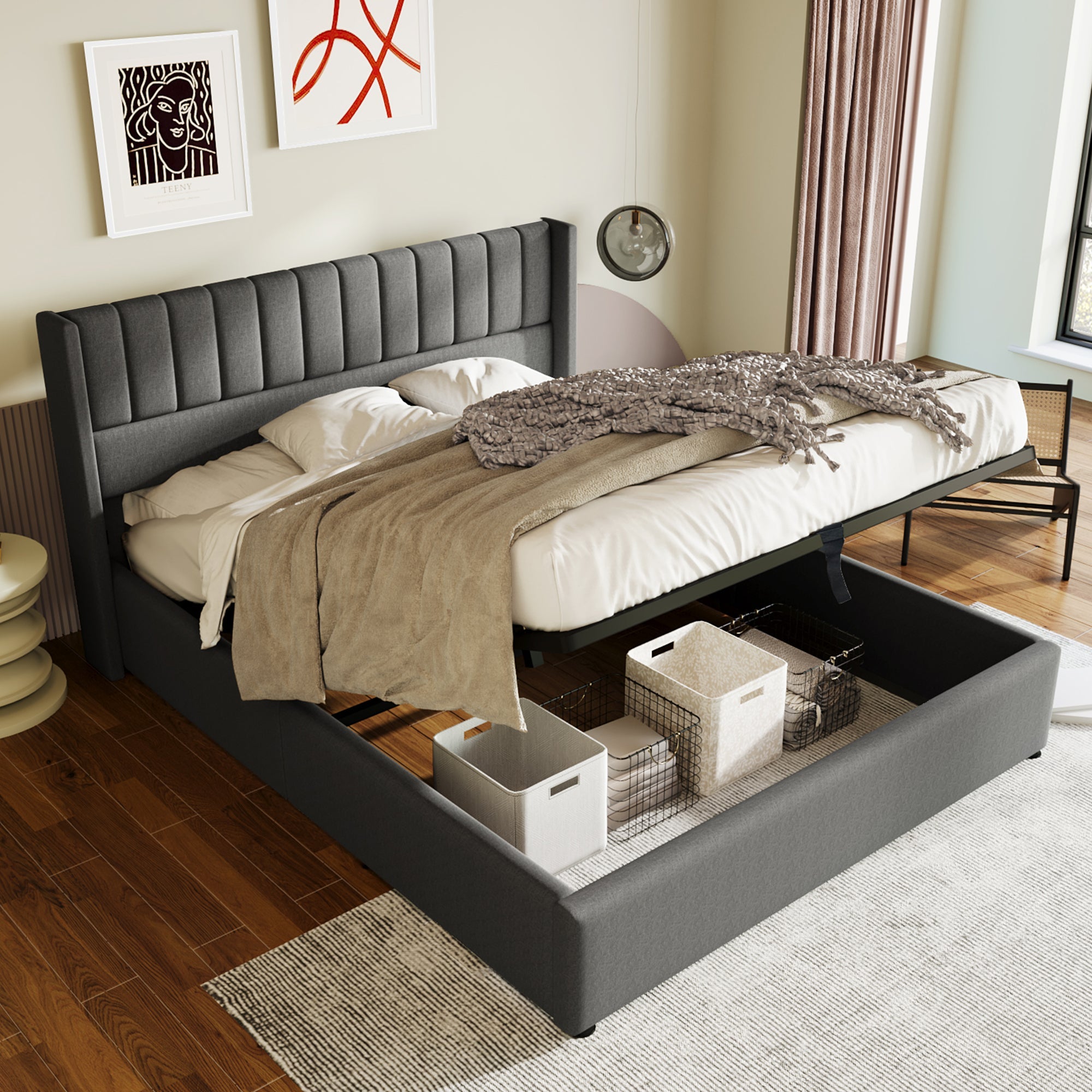 Logidon opbergbed gestoffeerd bed hydraulisch 2-persoonsbed 160x200 grijs
