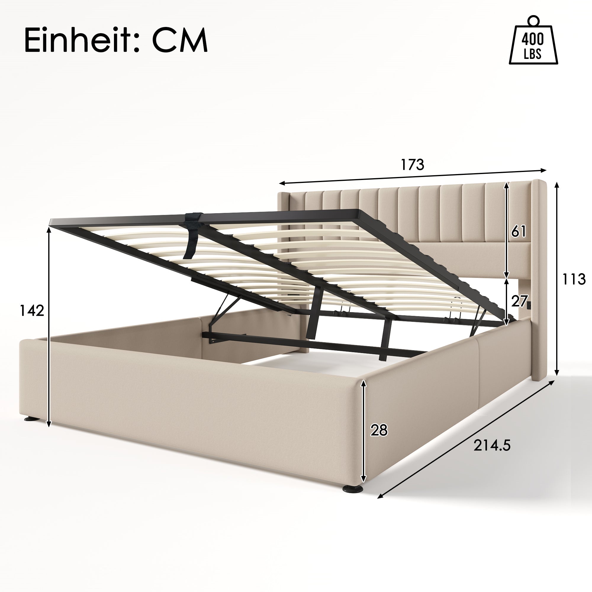Logidon opbergbed gestoffeerd bed hydraulisch 160x200 beige