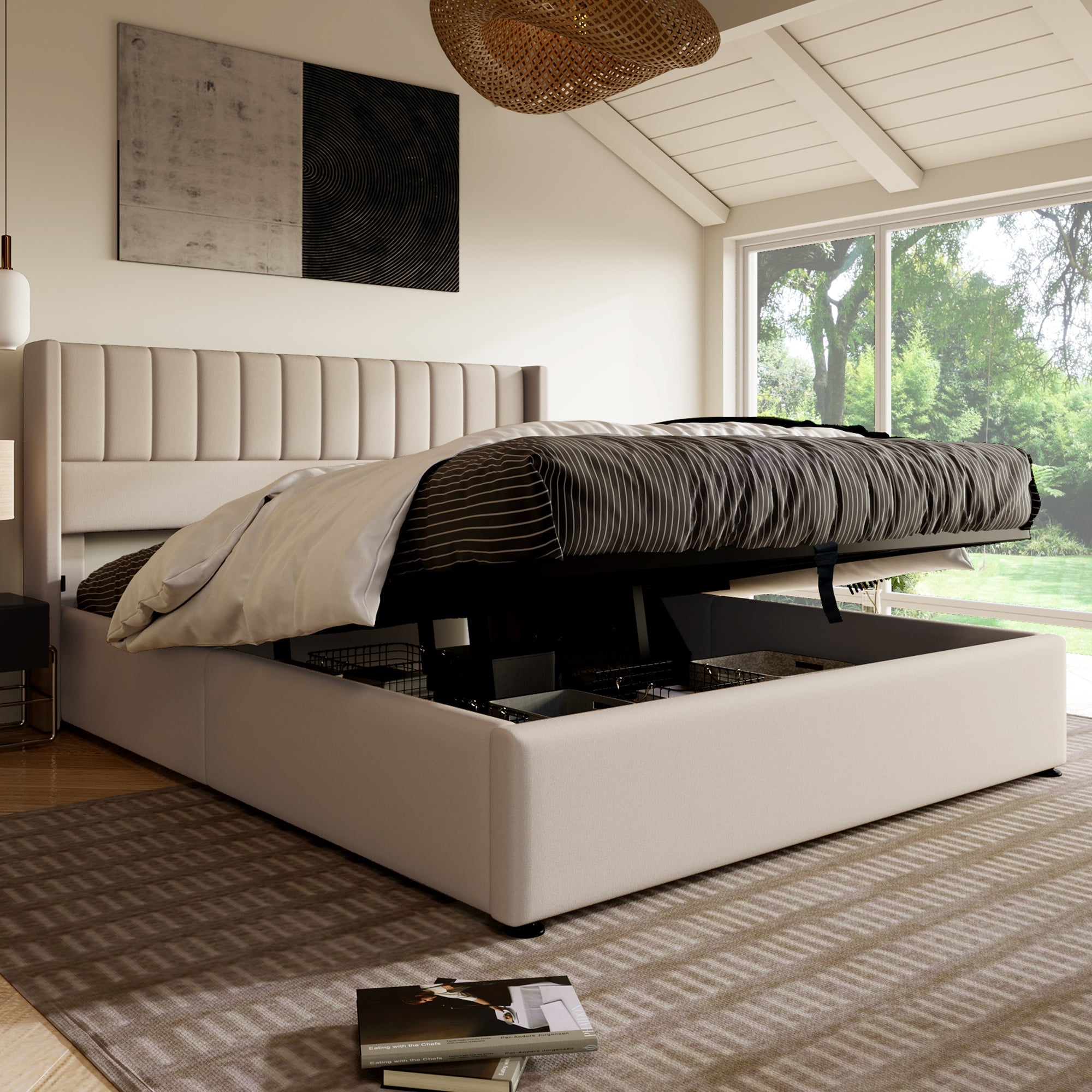 Logidon opbergbed 140x200 hydraulisch beige linnen stof