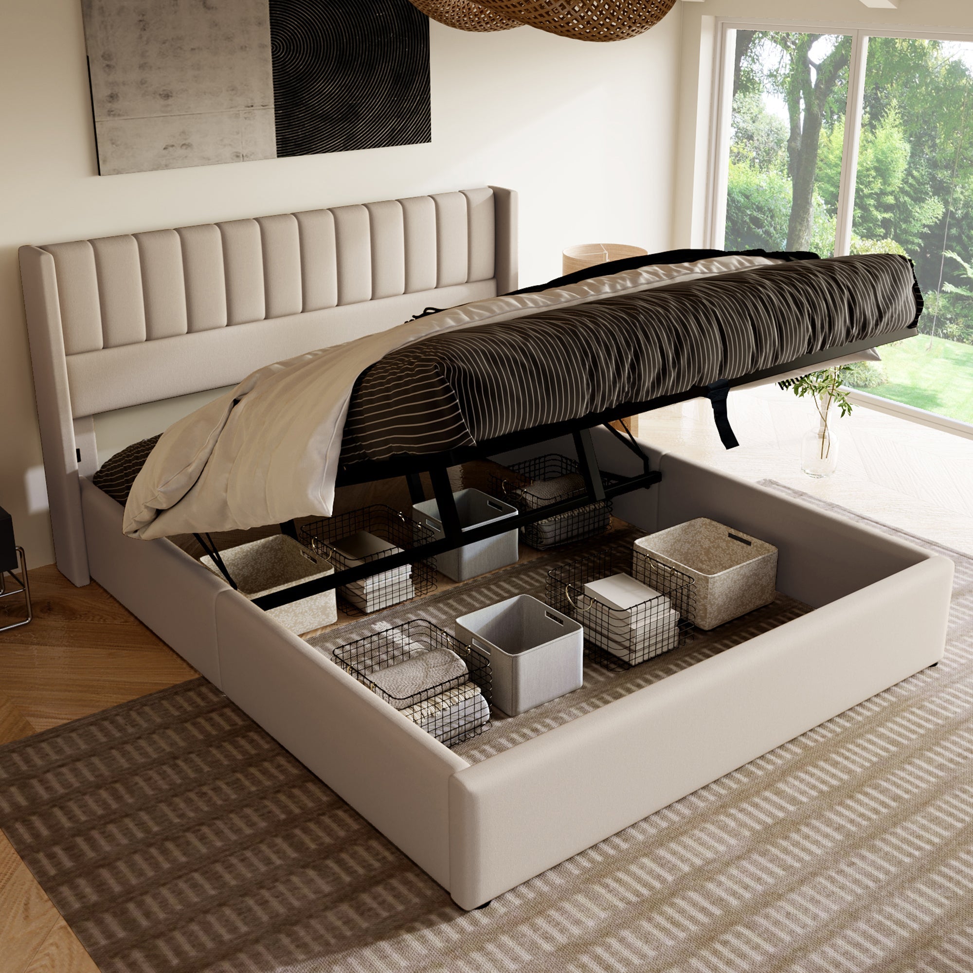 Logidon opbergbed gestoffeerd bed hydraulisch 140x200 beige linnen