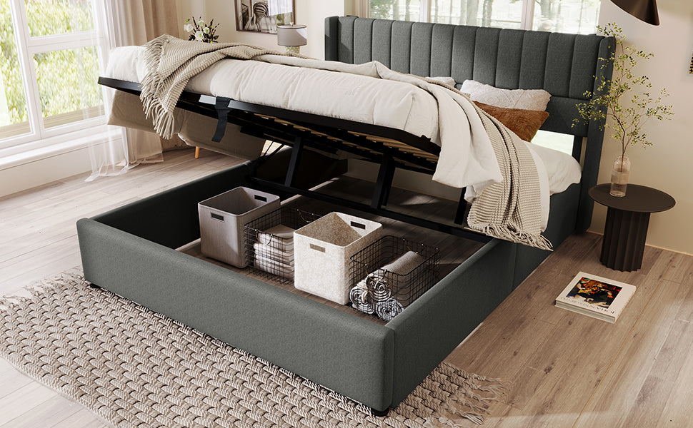 Logidon opbergbed gestoffeerd bed 140x200 grijs linnen hydraulisch