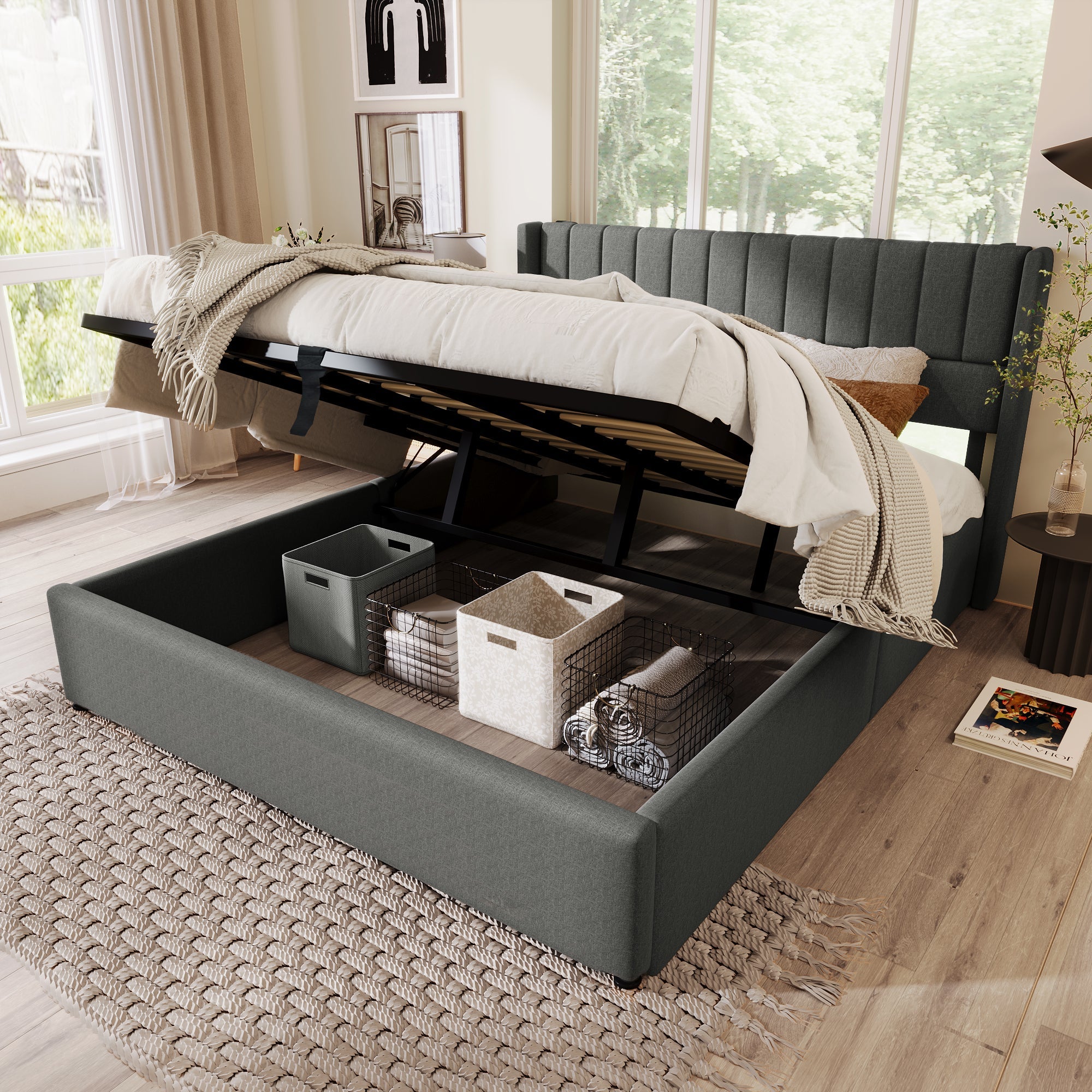 Logidon opbergbed gestoffeerd bed 140x200 grijs linnen hydraulisch