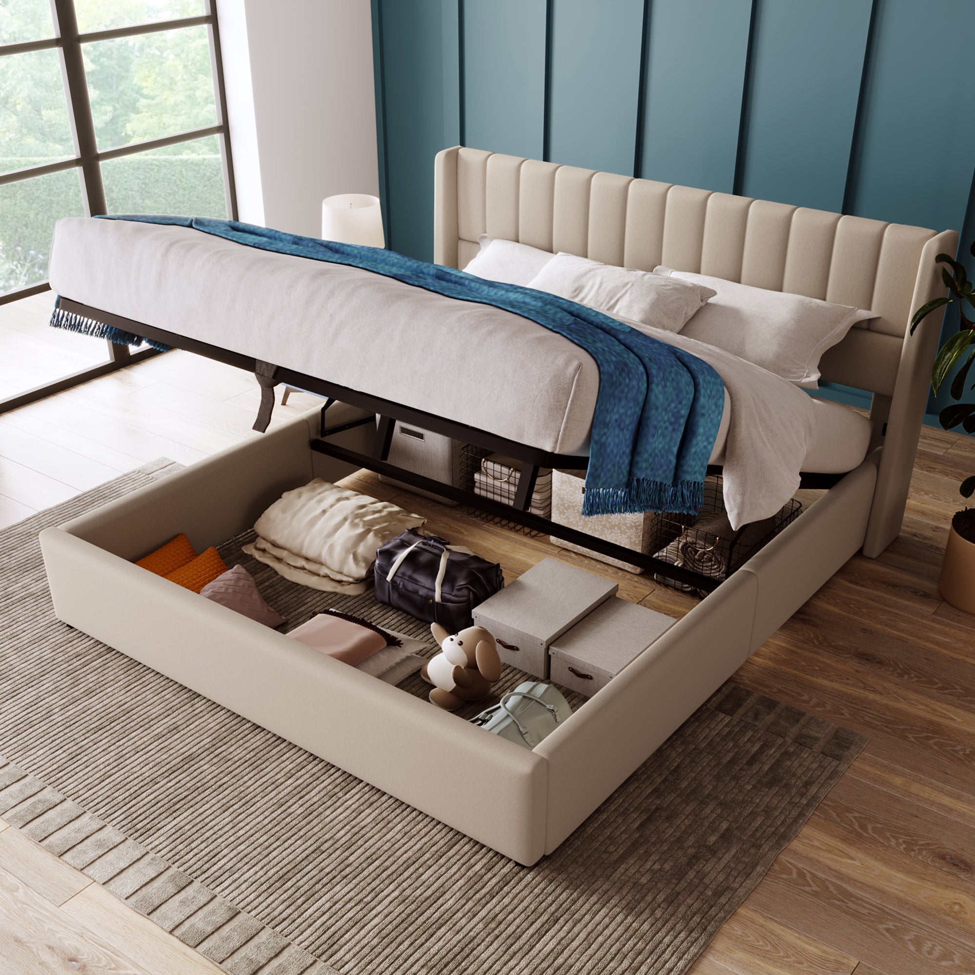 Logidon opbergbed gestoffeerd bed hydraulisch 140x200 beige linnen