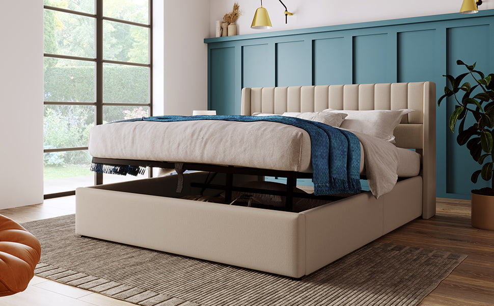 Logidon opbergbed 140x200 hydraulisch beige linnen stof