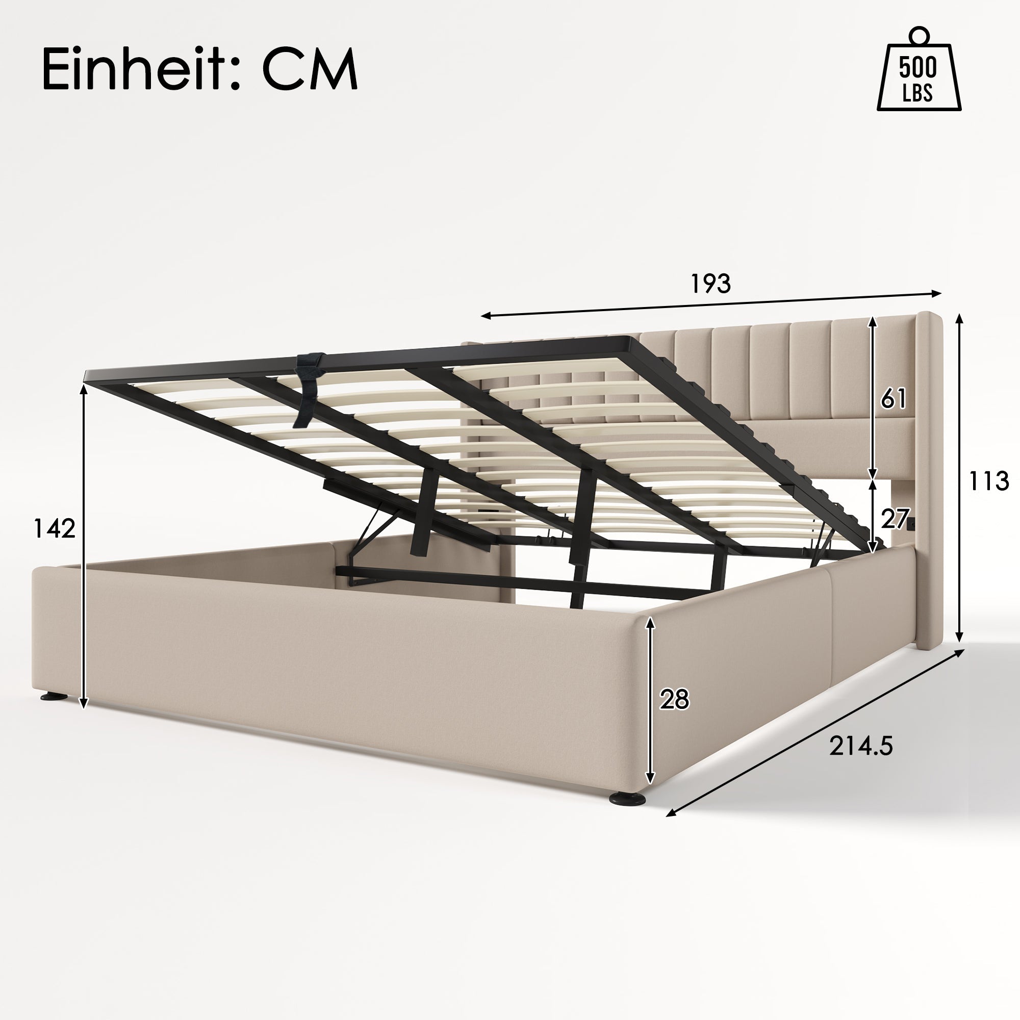 Logidon opbergbed gestoffeerd bed hydraulisch 180x200 cm beige linnen
