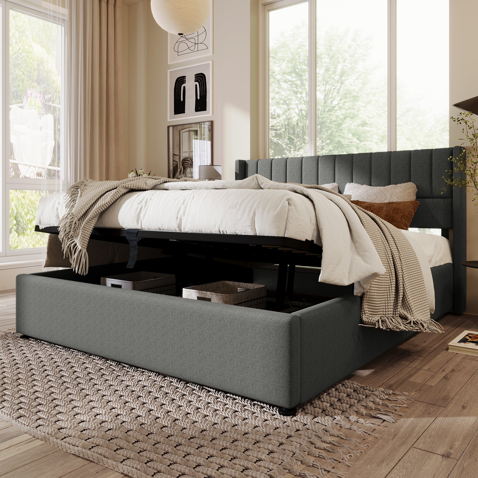 Logidon opbergbed gestoffeerd bed 140x200 grijs linnen hydraulisch